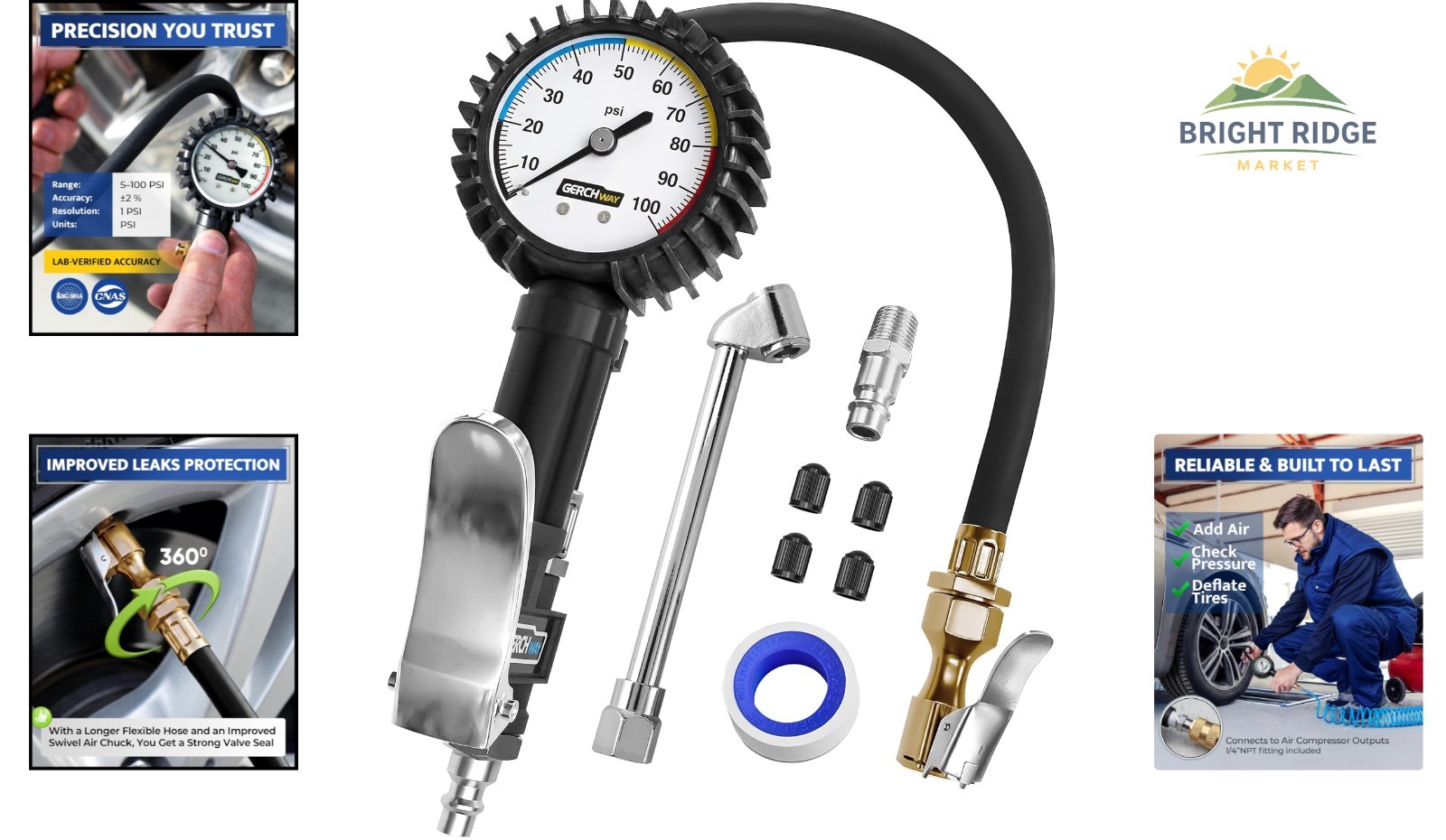 Reliable Tire Inflator with 1.0 Count Set, Brass Construction and Accurate Gauge