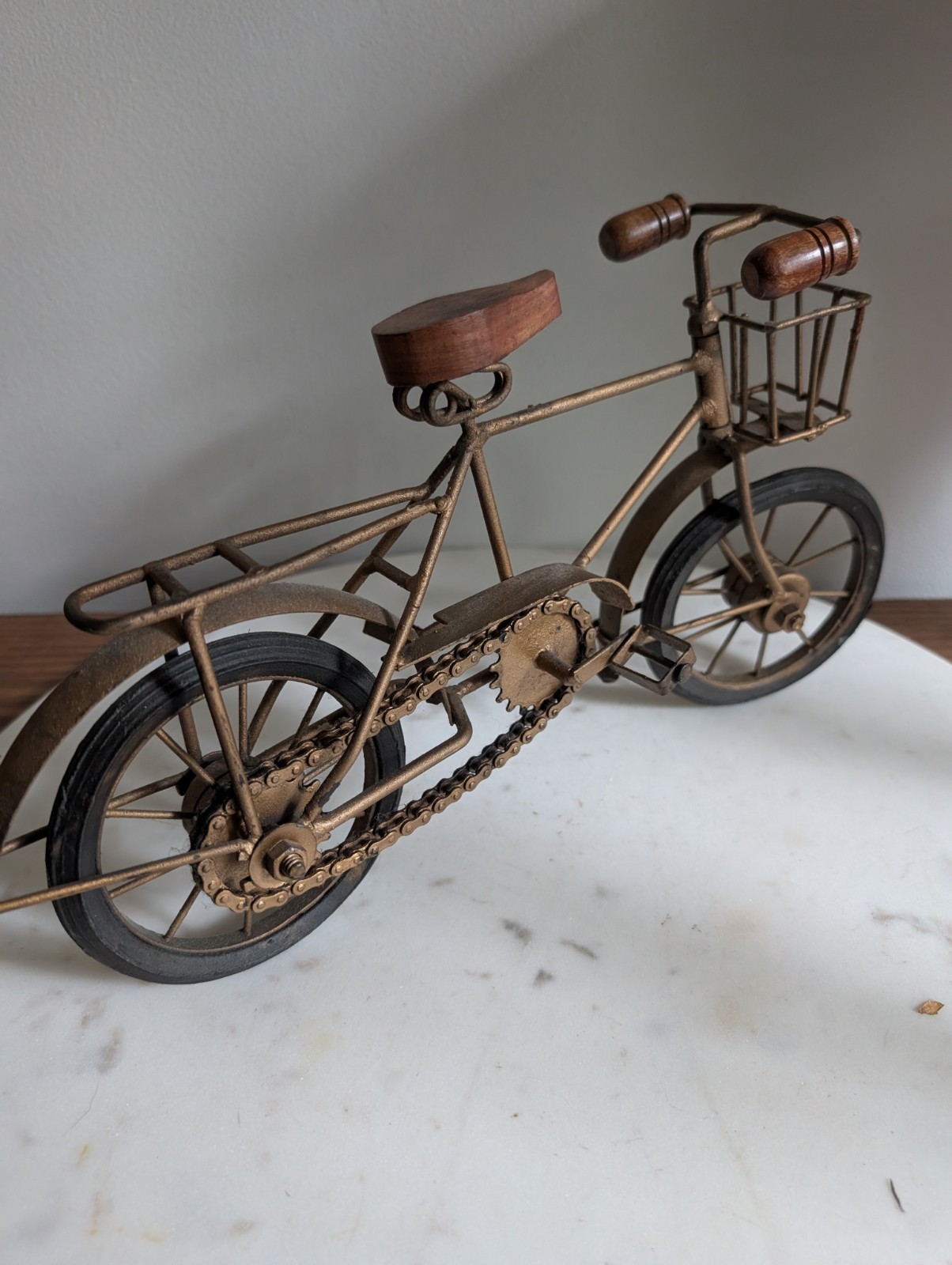 Miniature Metal Bicycle Sculpture Rustic Cottage Decor Wood Seat Basket Display