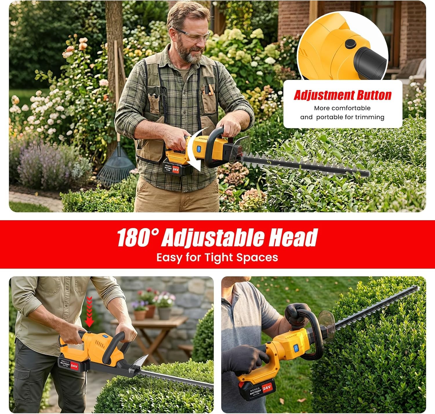 22Inch Cordless Hedge Trimmer Cordless Electric Hedge Trimmer w/2* 24V Battery