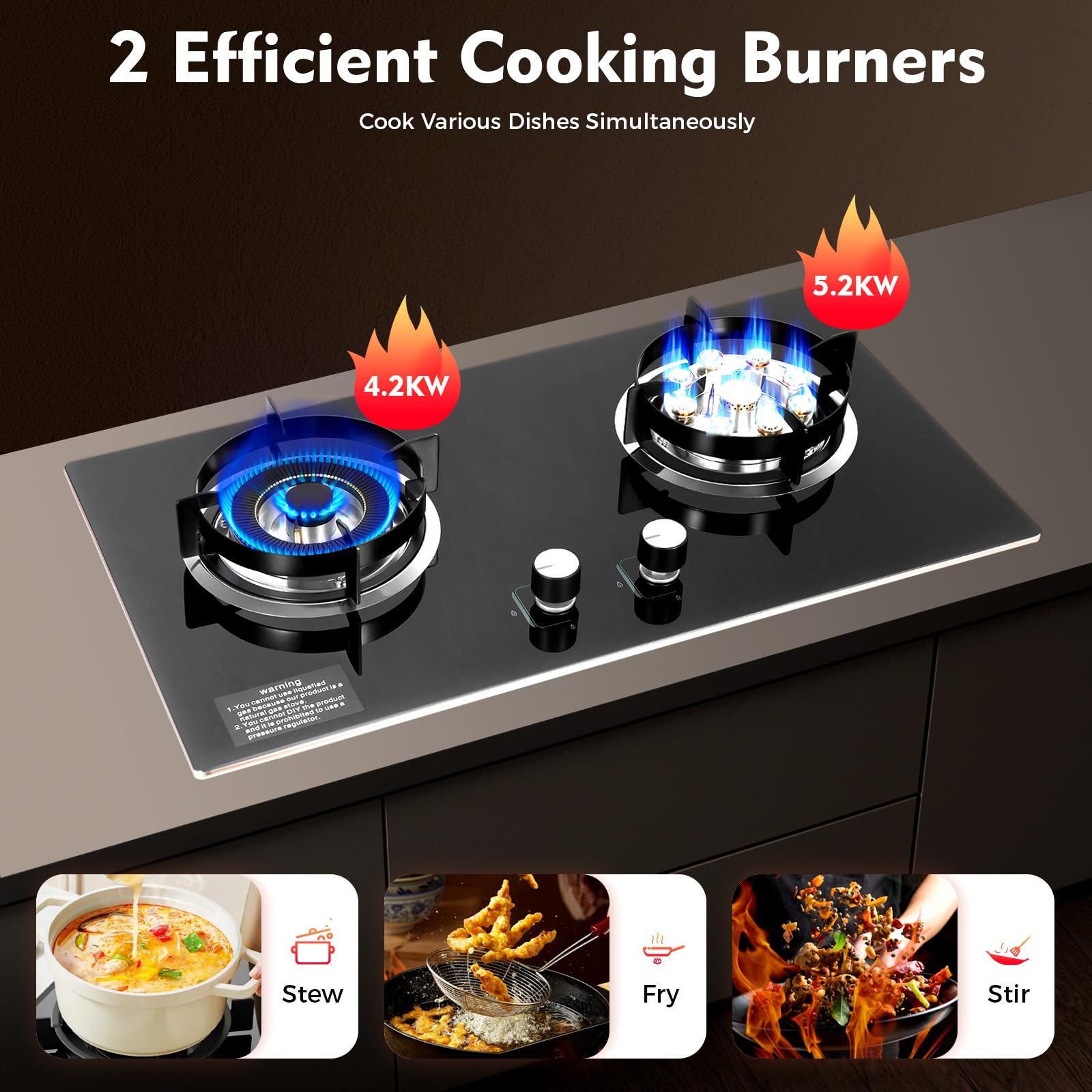Portable Natural Gas Stove 2 Burner Tempered Glass Cooktop Black 73x41cm