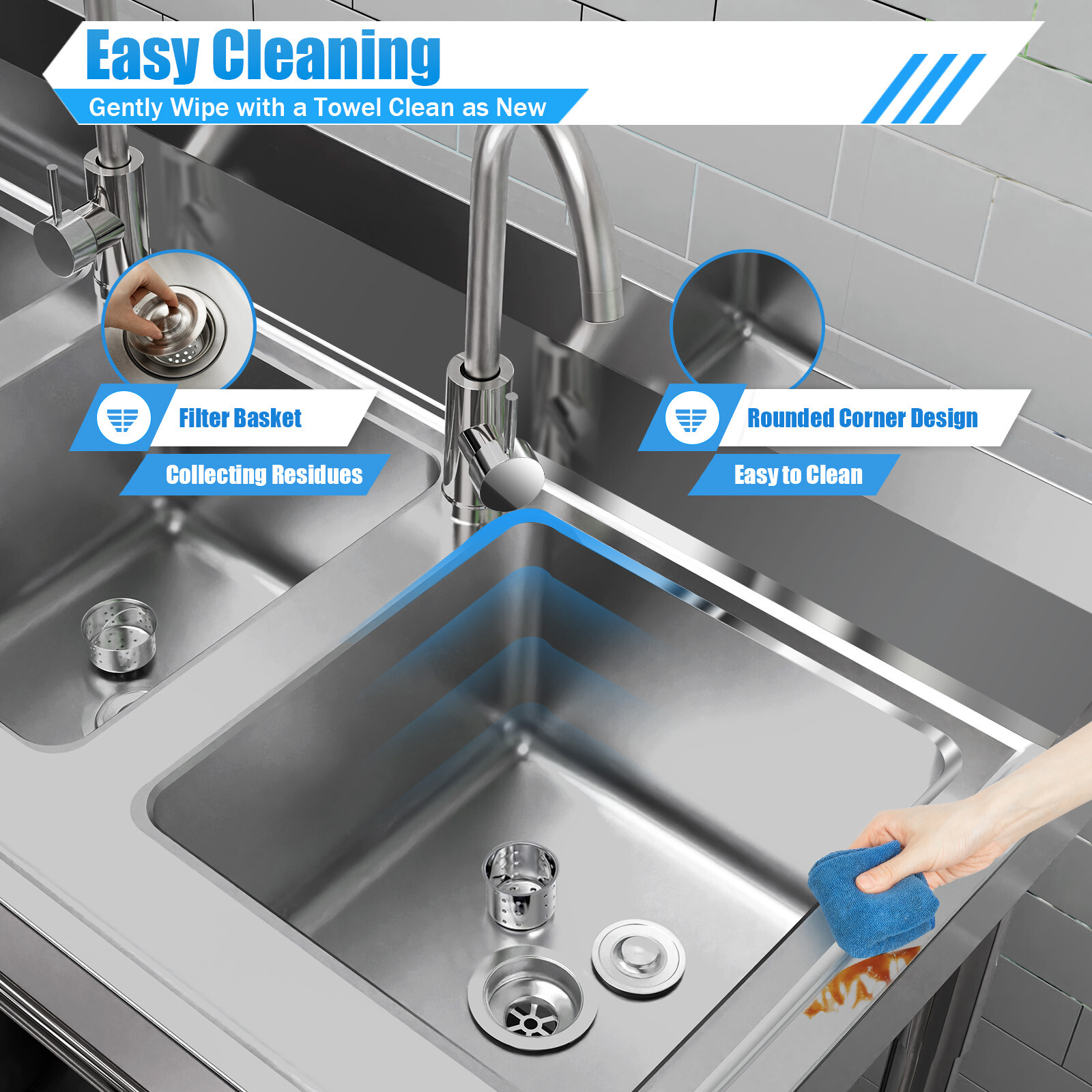 Commercial Stainless Steel 3-Compartment Sink for Kitchen & Catering Use