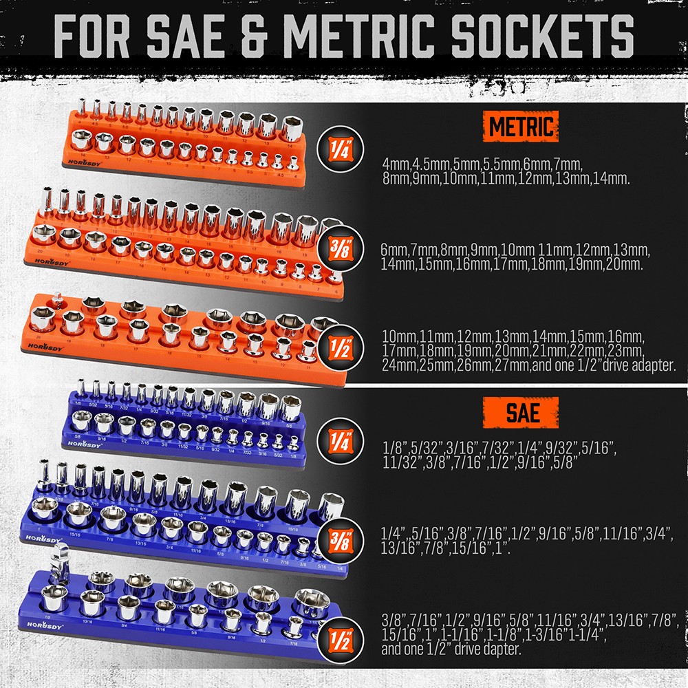 6PC Magnetic Socket Organizer Storage Holder Set 1/4 3/8 1/2 Metric SAE 143 Slot