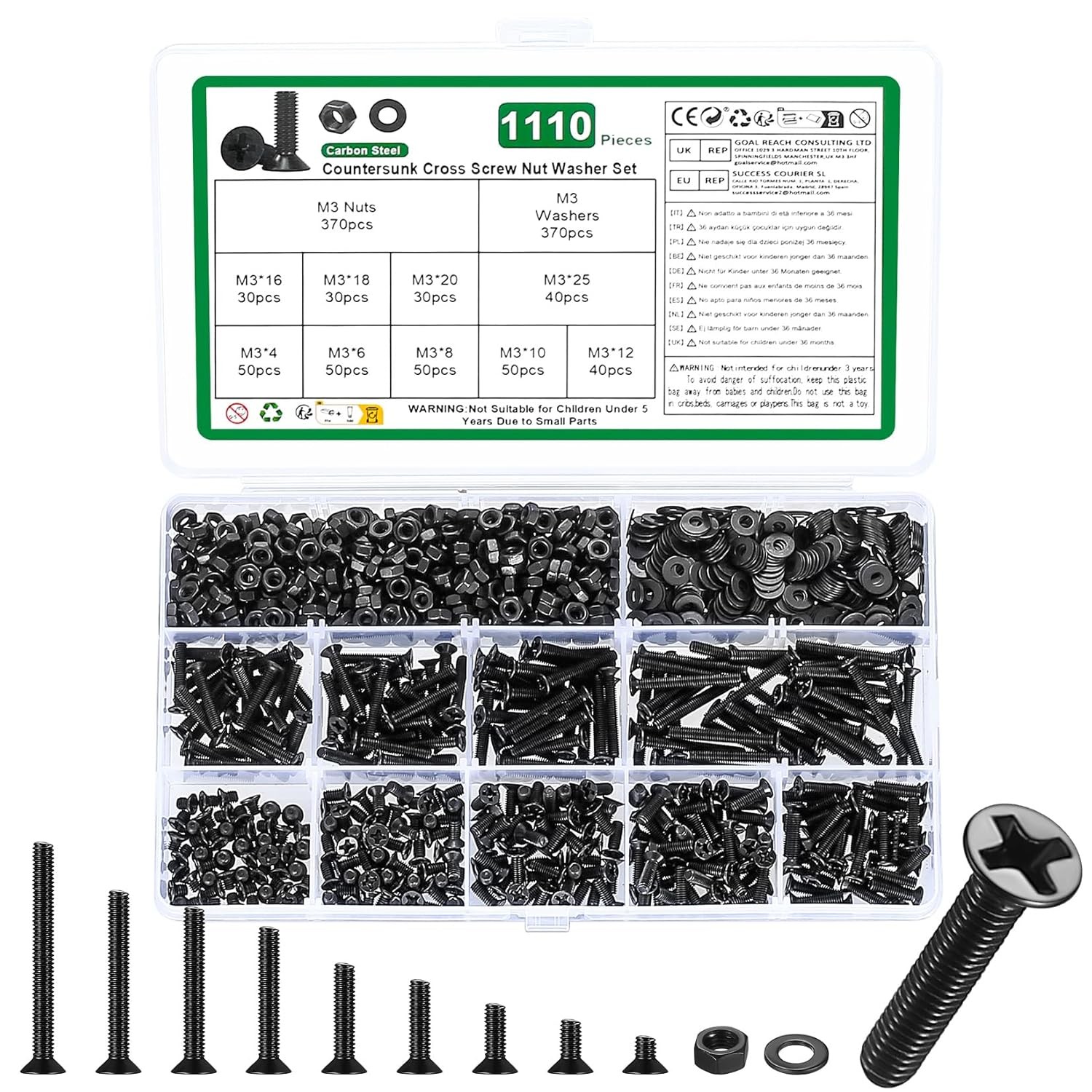 M1.4 M1.7 M2 M3 M4 M5 Phillips Flat Head Screws Bolts Nuts Washer Assortment kit