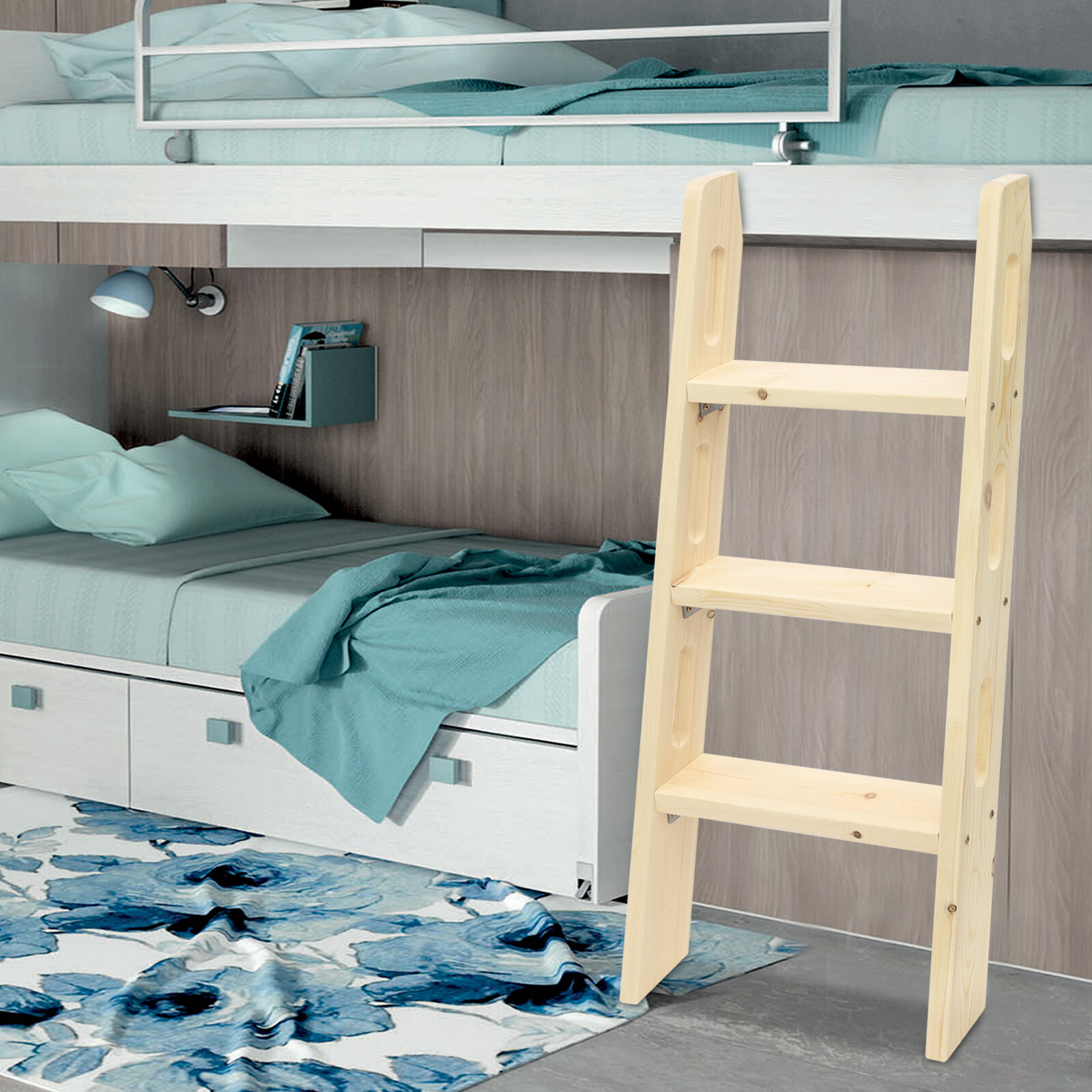 3 Steps Solid Wood Bed Ladder, Durable Step Ladder, for Dorm, Teens Adults Room