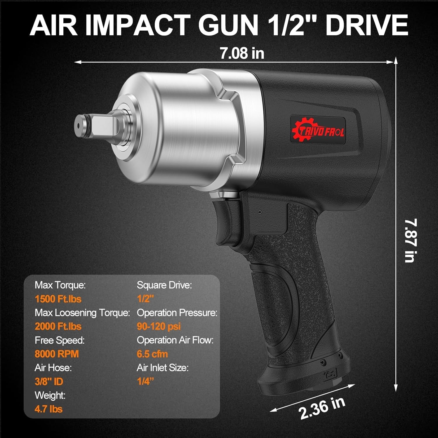 Air Impact Wrench 1/2″ – 1/2 Inch Impact Gun 1/2 Drive, 1500Ft-lbs, 8000RPM High