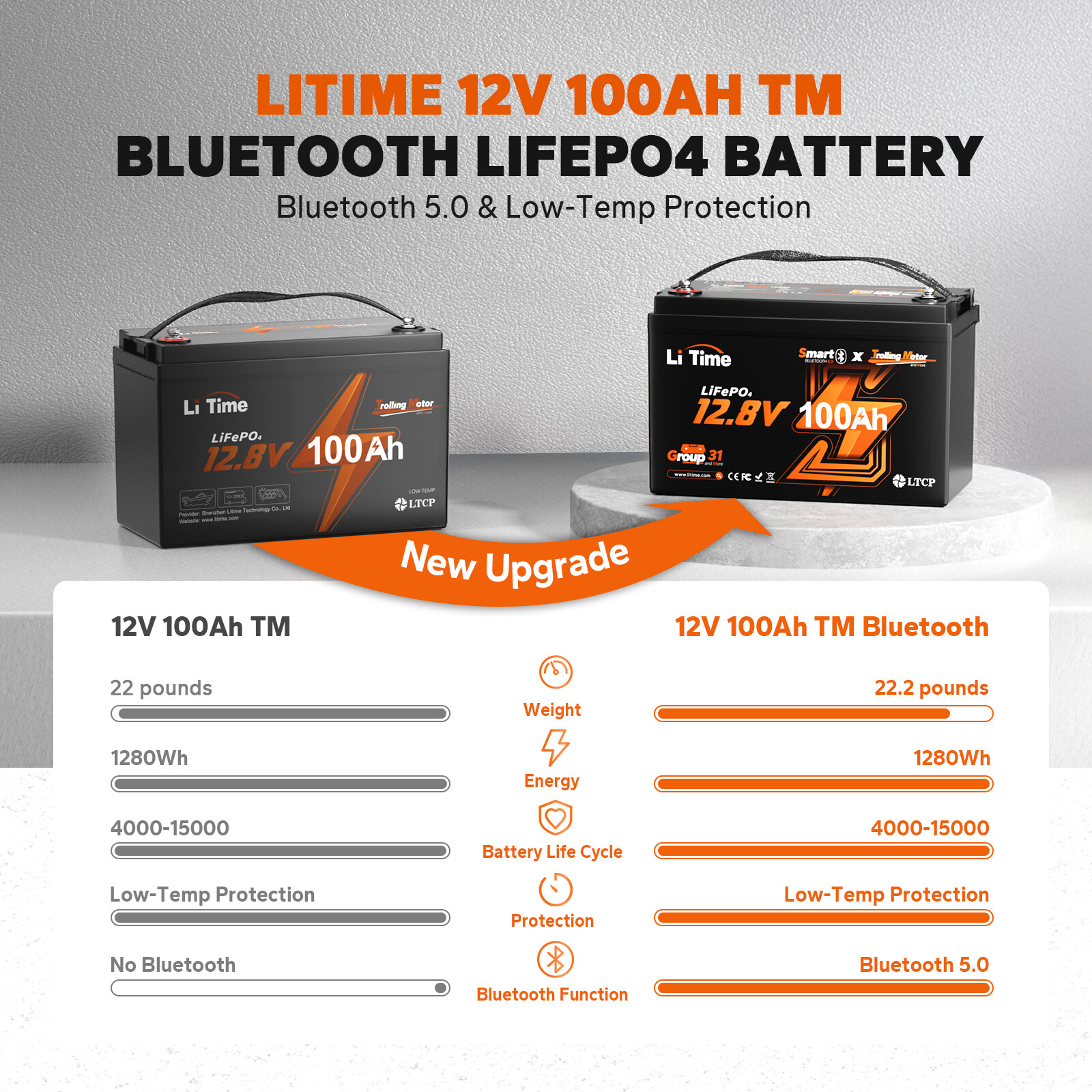 LiTime 12V 100Ah Group 31 Bluetooth Low-Temp LiFePO4 Lithium Battery For RV Boat