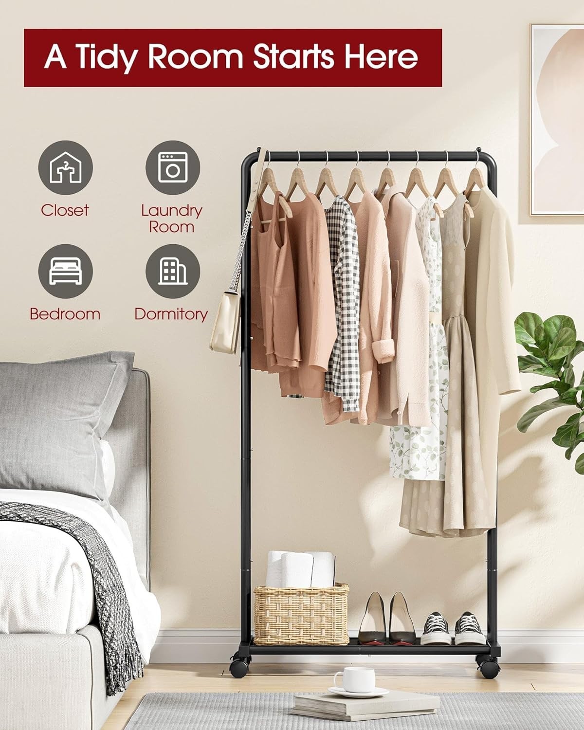 Compact Heavy-Duty Clothing Rack with Movable Shelves & Casters – 28×16.9×59