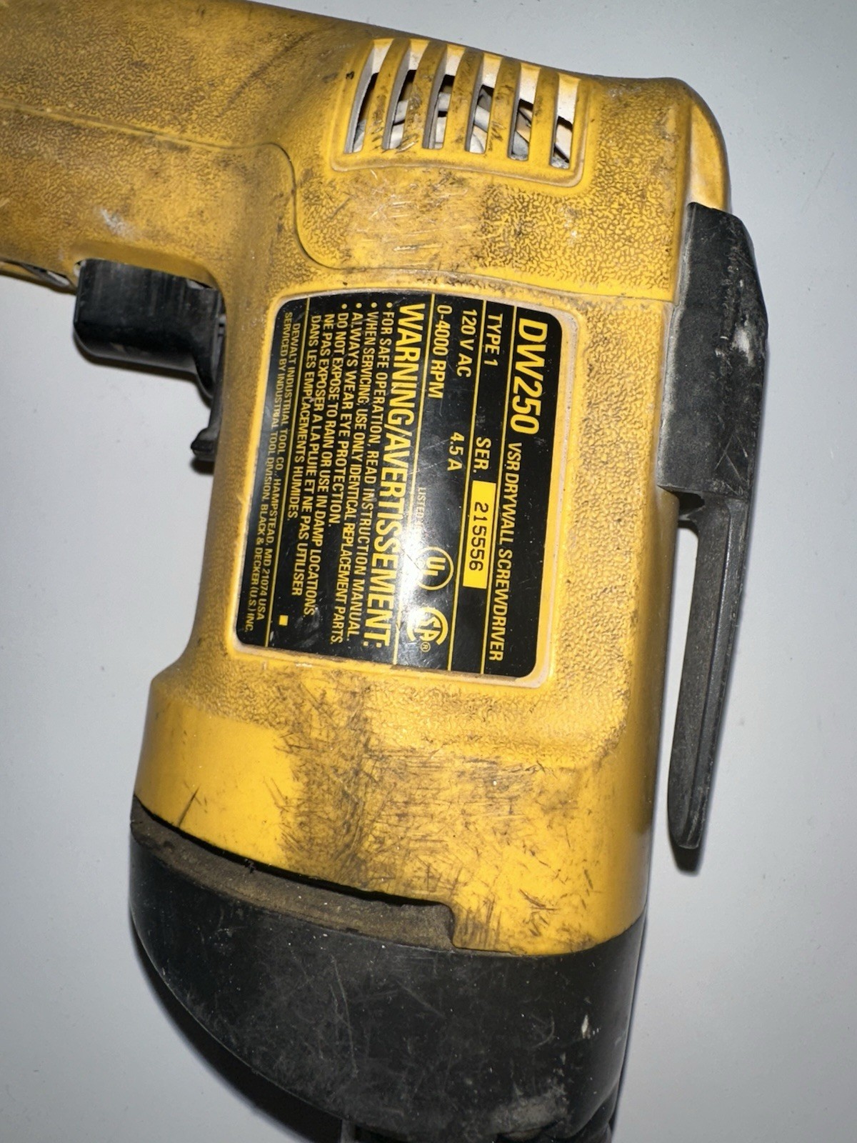 DEWALT DW250 Drywall Screwdriver Corded Electric 120V 0-4000 RPM Yellow/Black