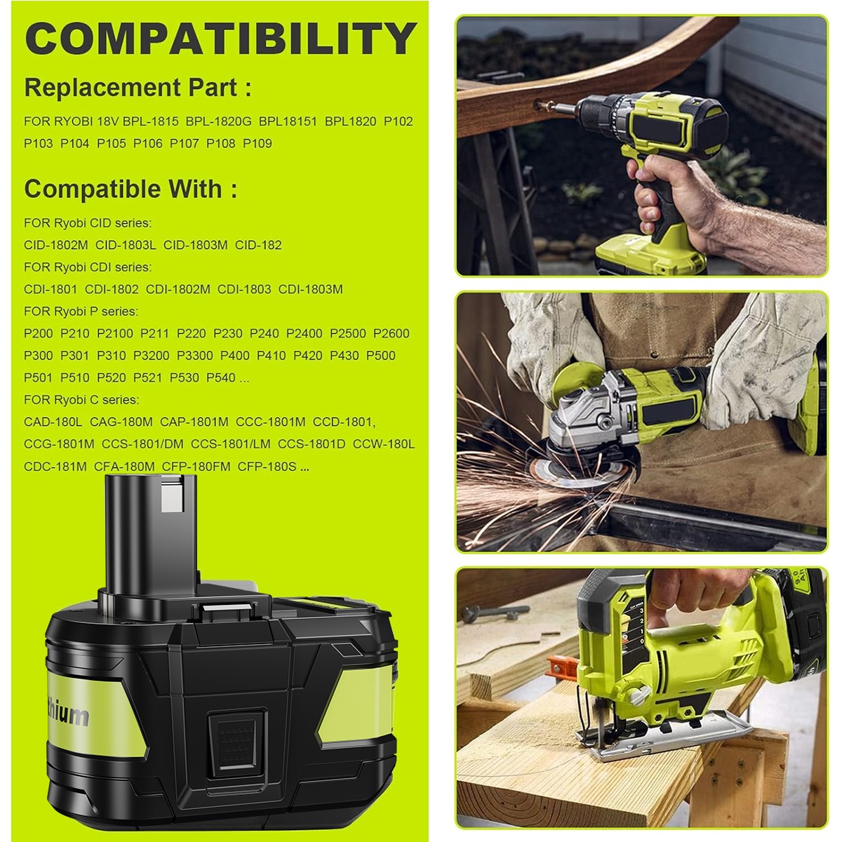 9.0AH For RYOBI P108 18V High Capacity Battery 18Volt Lithium-Ion One+ Plus P109