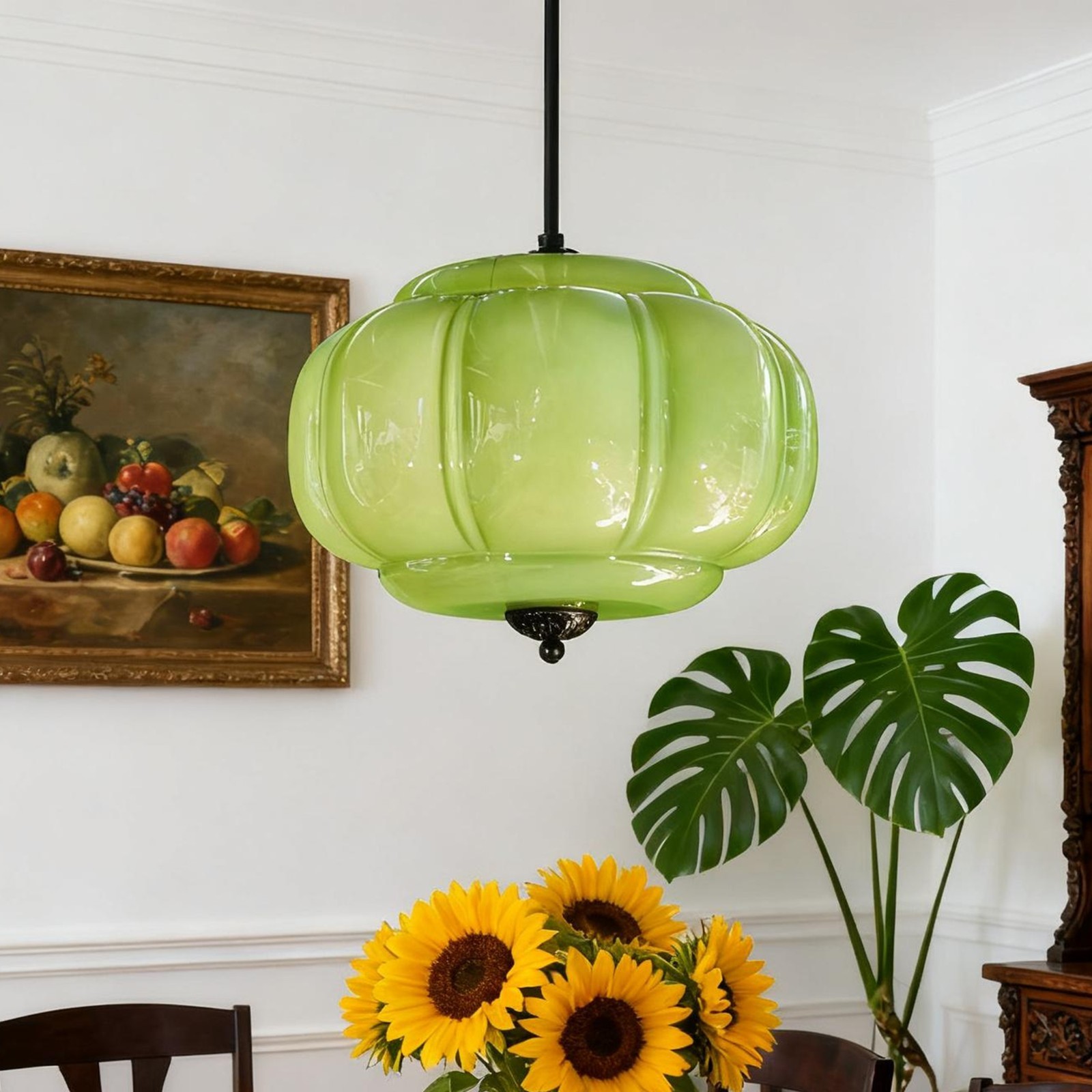 14’Simple Green Pumpkin Shaped Pendant Light,Living Room/dining Room Glass Light