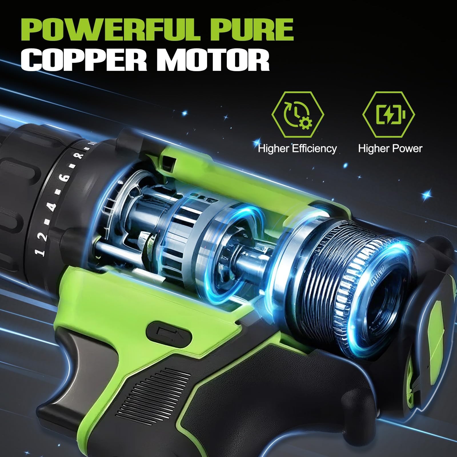 21V Power Drill Set, Cordless Drill with Battery and Charger (Green, 1 Battery)