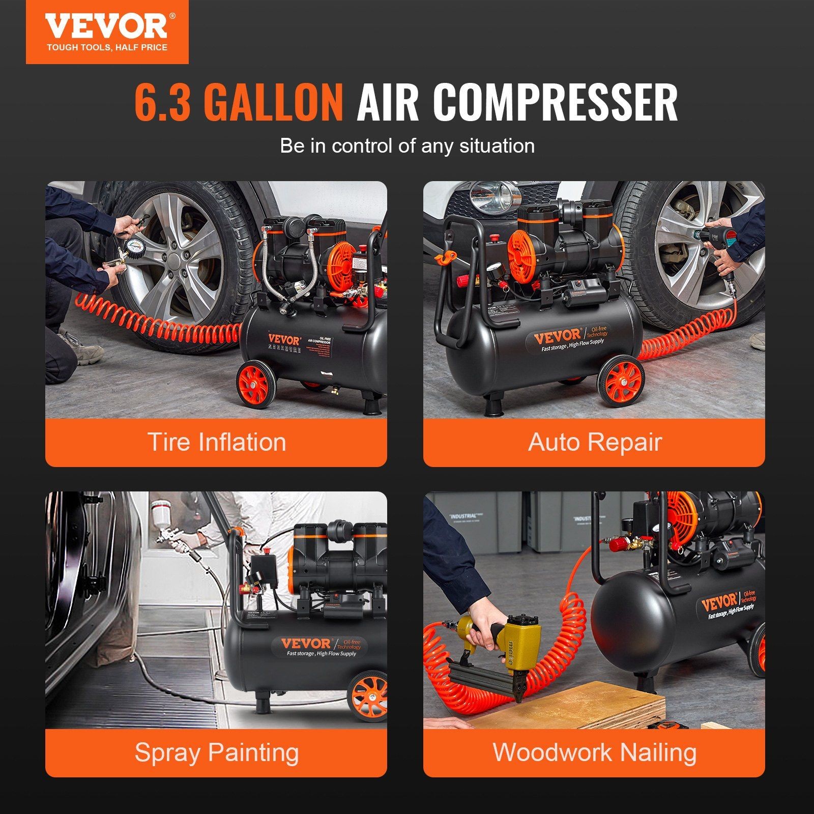 6.3gal 1450W 3.35CFM@90PSI 70dB Ultra Quiet Oil-Free Air Compressor