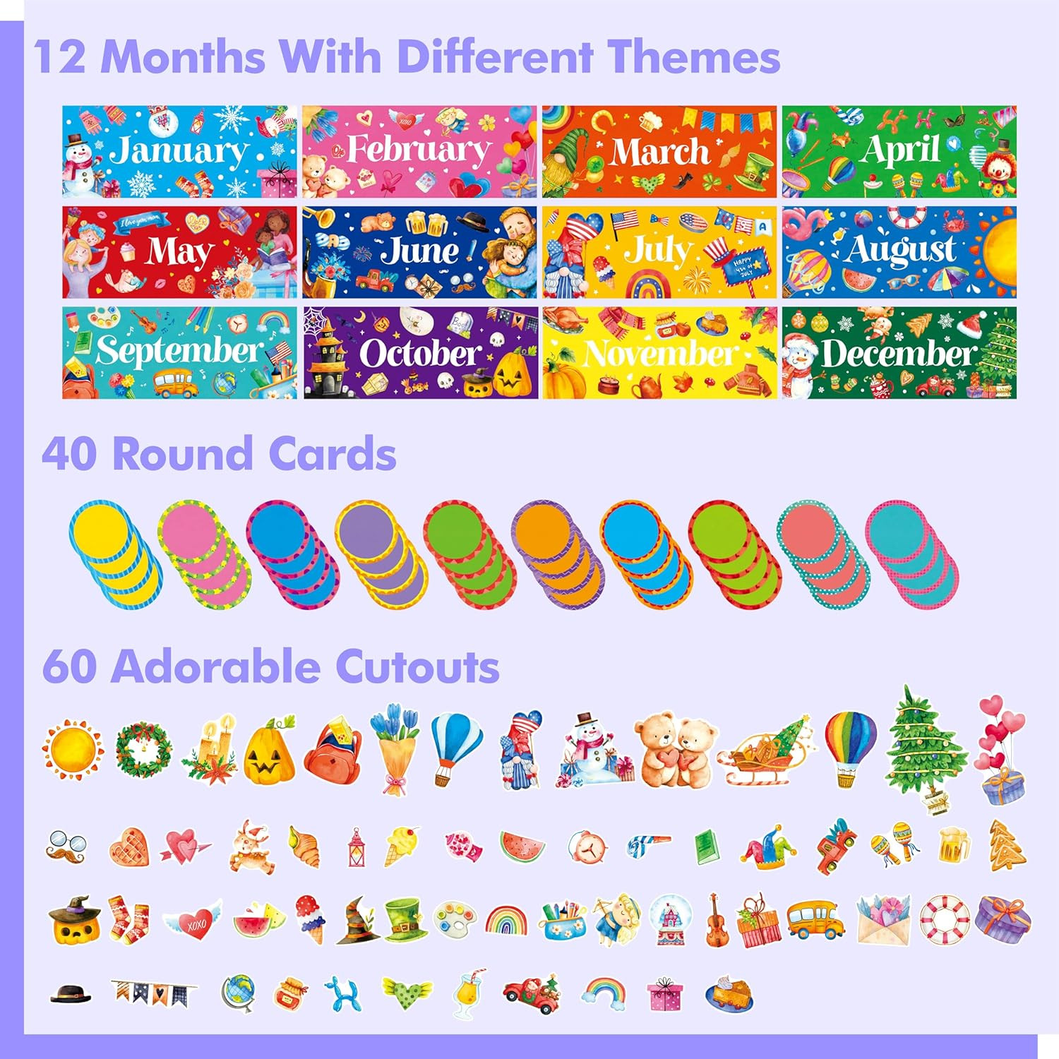 112 PCS Holiday Monthly Headliners, 12 Months of The Year Bulletin Board Decors