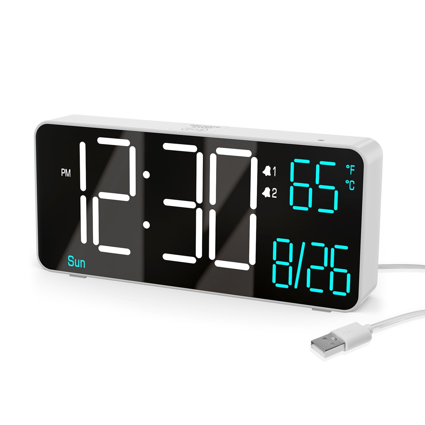 6.7 In Small Digital Alarm Clock Auto Dimming Date Temperature Desk White