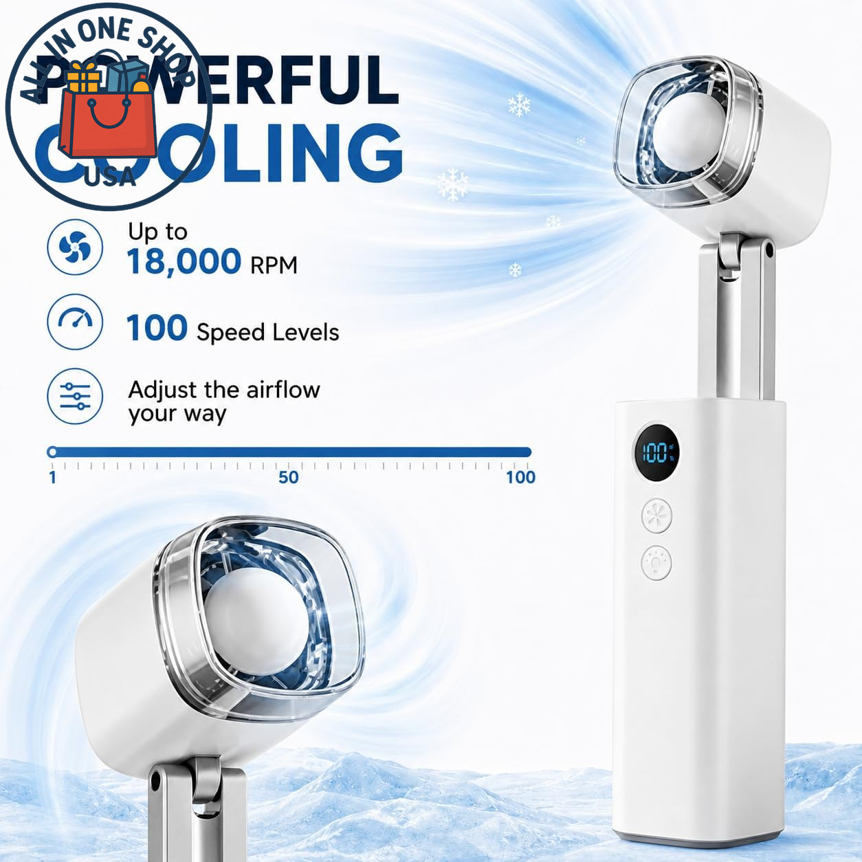 Portable Handheld Fan with Stepless Speed Control and Rechargeable Battery