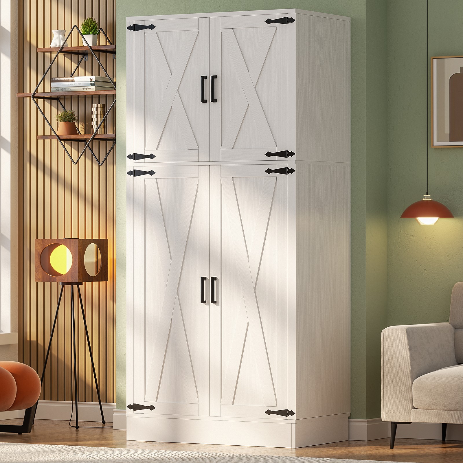 71” Farmhouse Wardrobe with 4 Barn Doors, Clothing Storage Cabinet with Shelves
