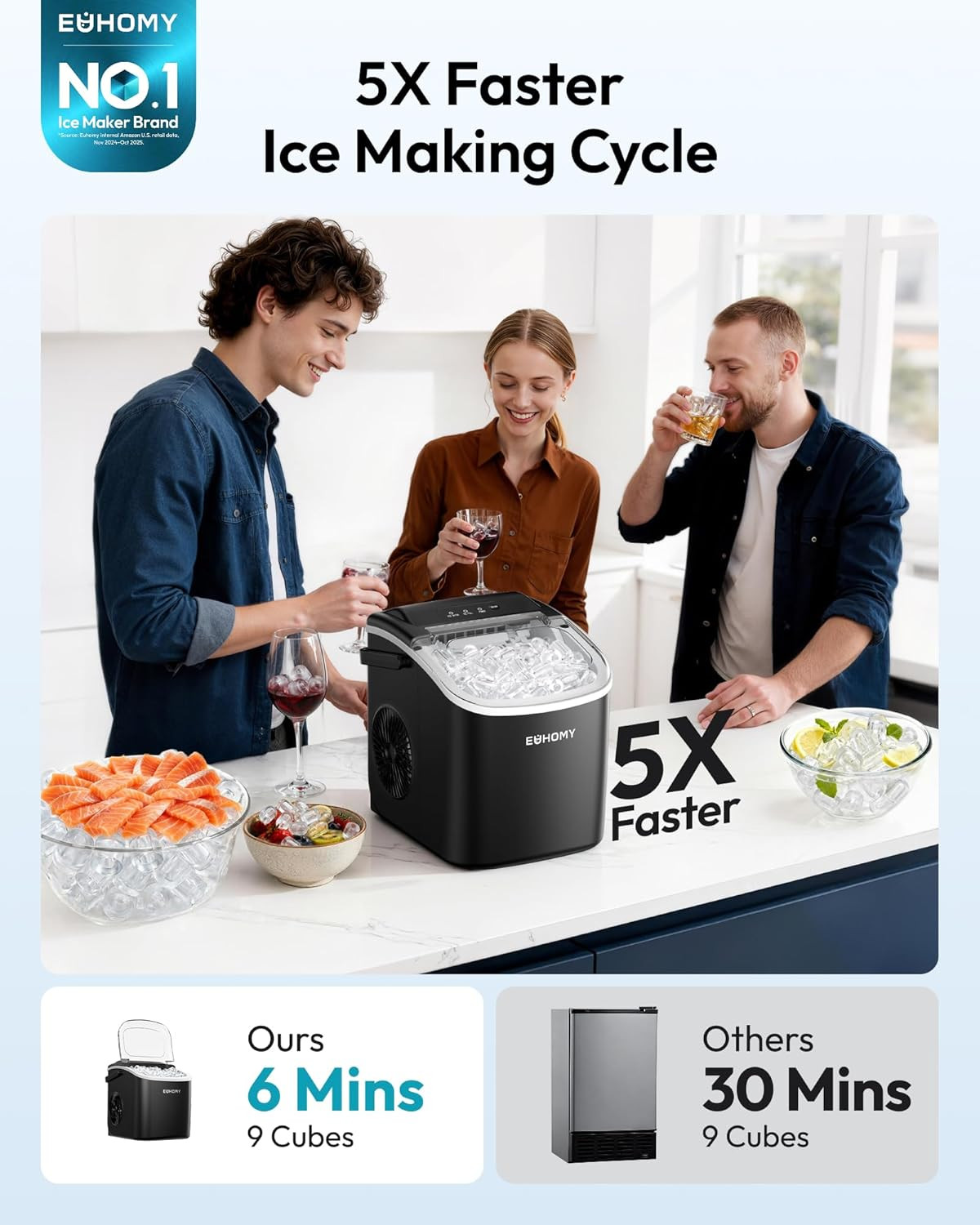 Countertop Ice Maker Machine with Handle, 26Lbs in 24Hrs, 9 Ice Cubes Ready in 6