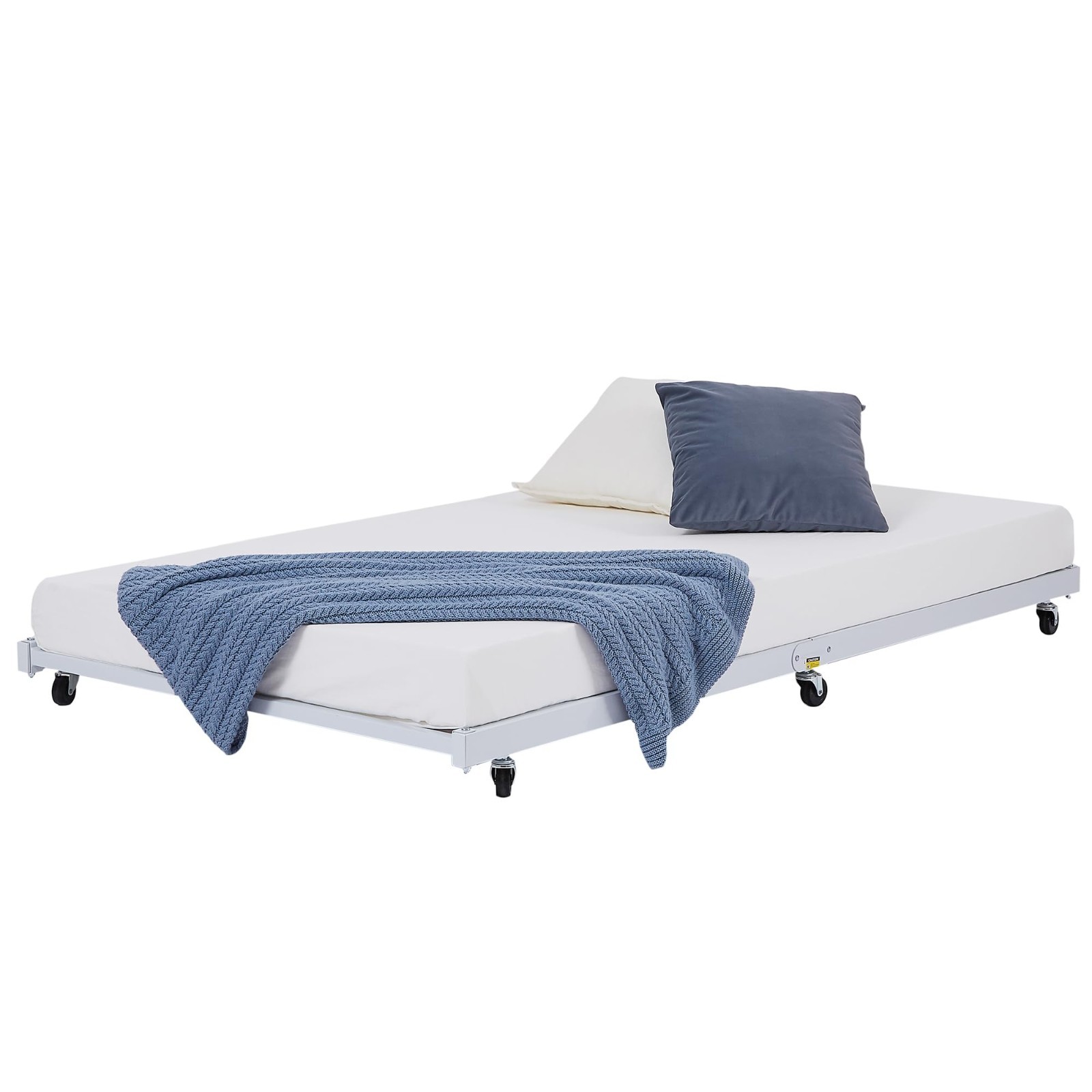 Twin Trundle Bed Frame with Roll-Out Feature, Metal Slats & Lockable Casters, Wh
