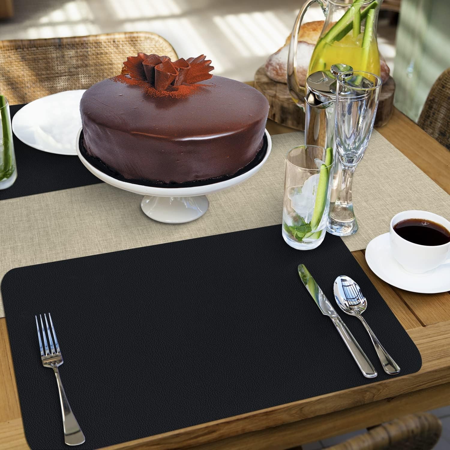 Black/Brown Reversible Faux Leather Flexible Placemat 4 Pack Easy to Clean