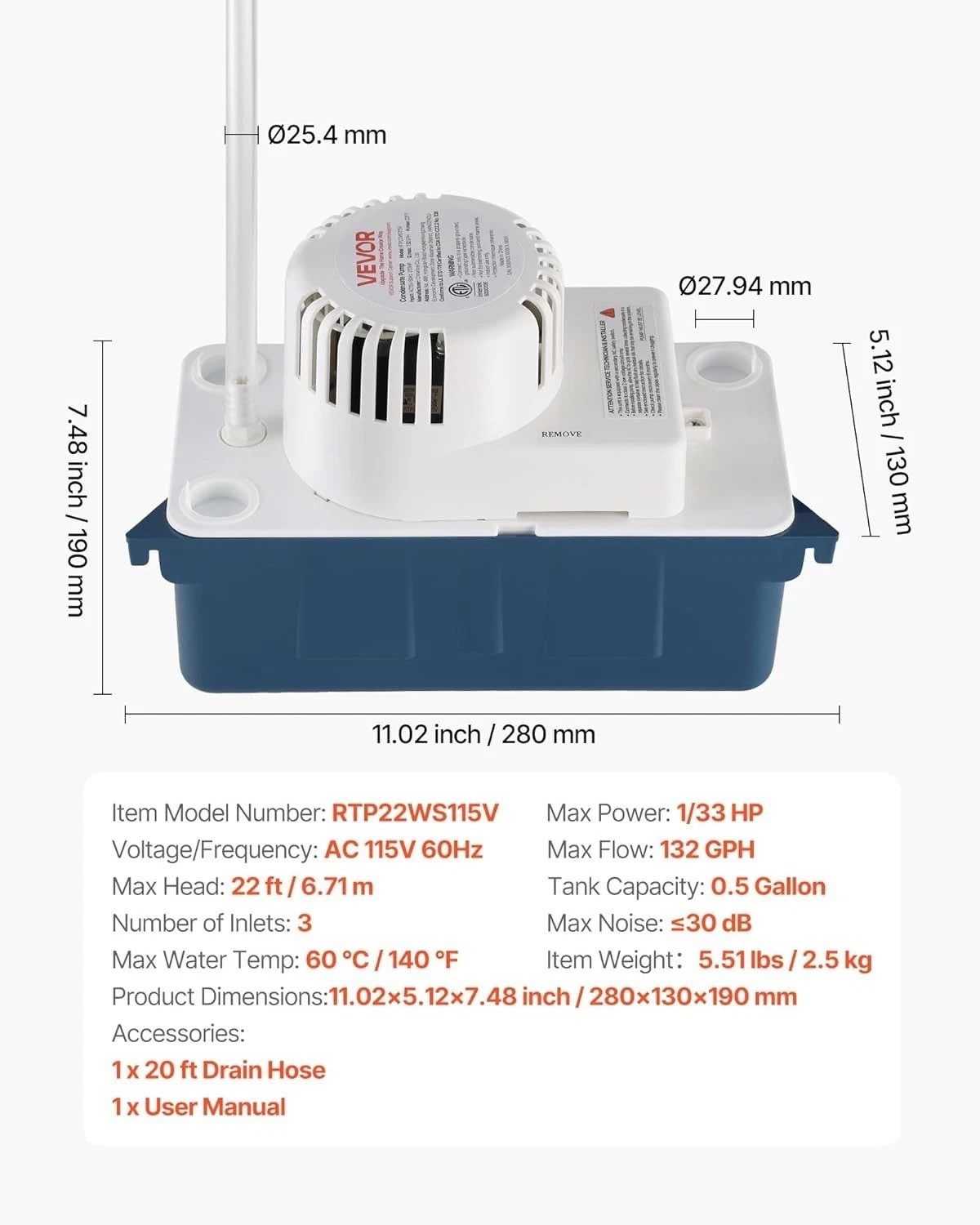 Efficient 1/33 HP Condensate Removal Pump – 100 GPH Flow & Quiet 30 dB Operation
