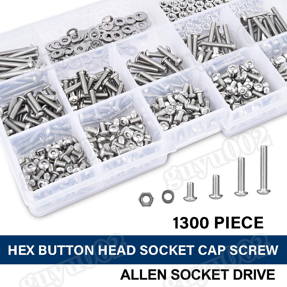 1300Pcs M2 M3 M4 M5 Button Head Socket Cap Screw Bolts Nuts Washers Assortment