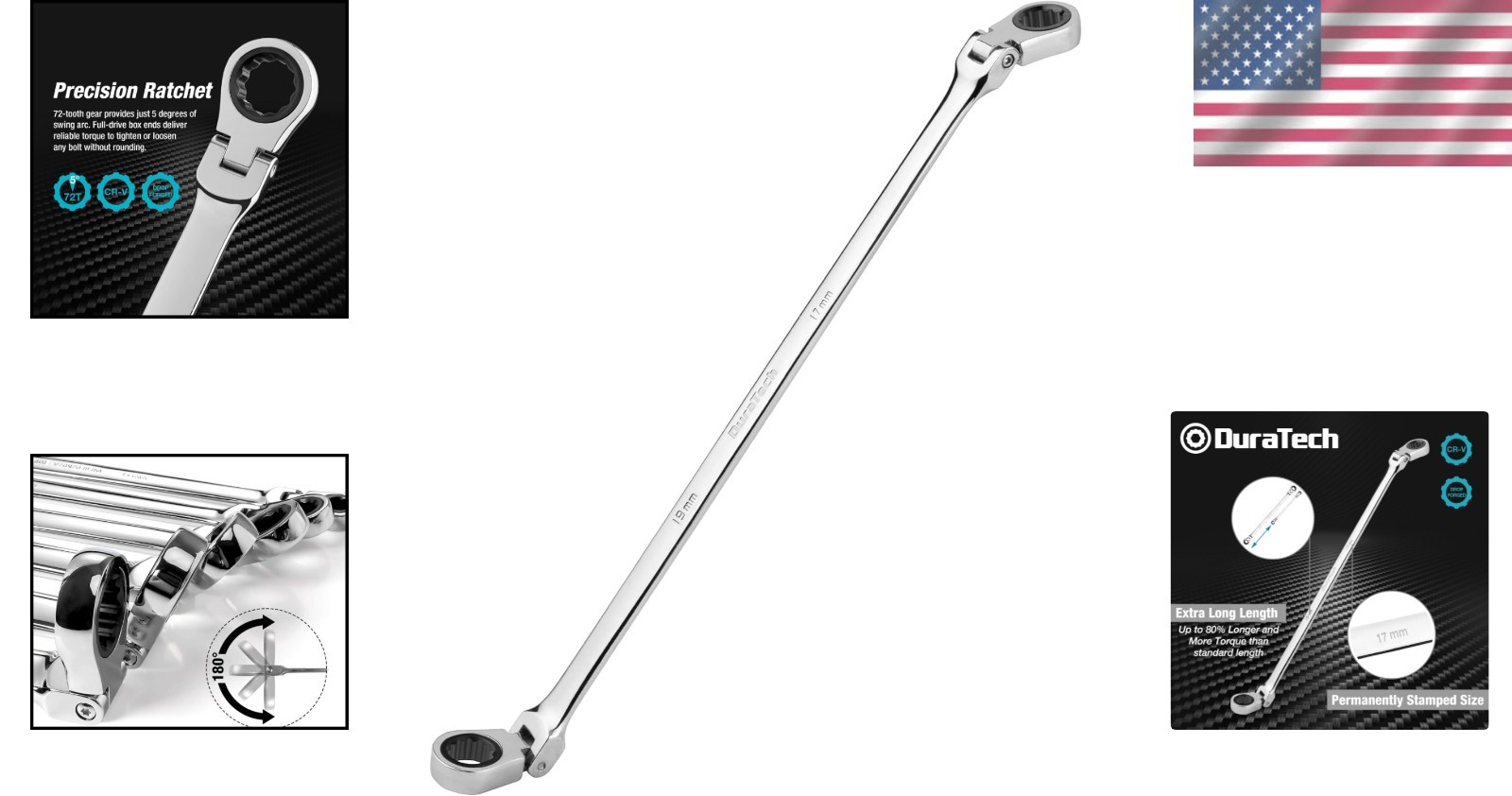 17*19mm Extra Long Flex-Head Ratcheting Wrench – 41cm CR-V Steel
