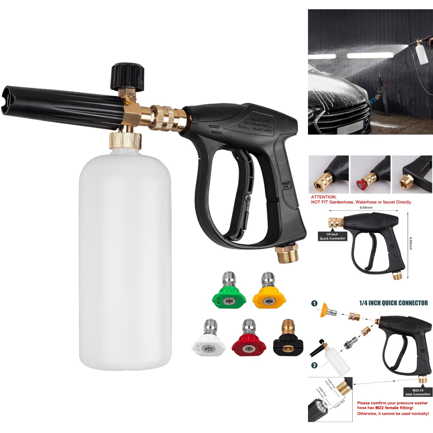 Short Pressure Washer Gun & Foam Cannon Kit, 5 Nozzle Tips, M22-14mm, 2000 PSI