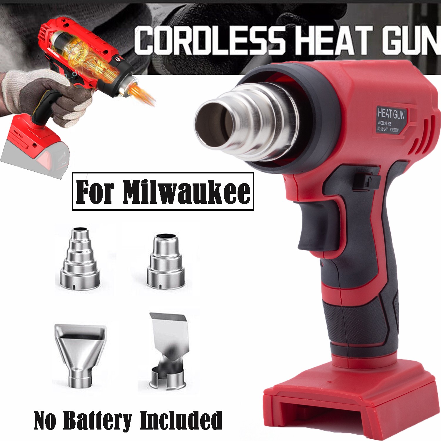 360W Heat Gun Hot Air Gun + 4 Nozzles High Power Tool For Milwaukee 18V Battery