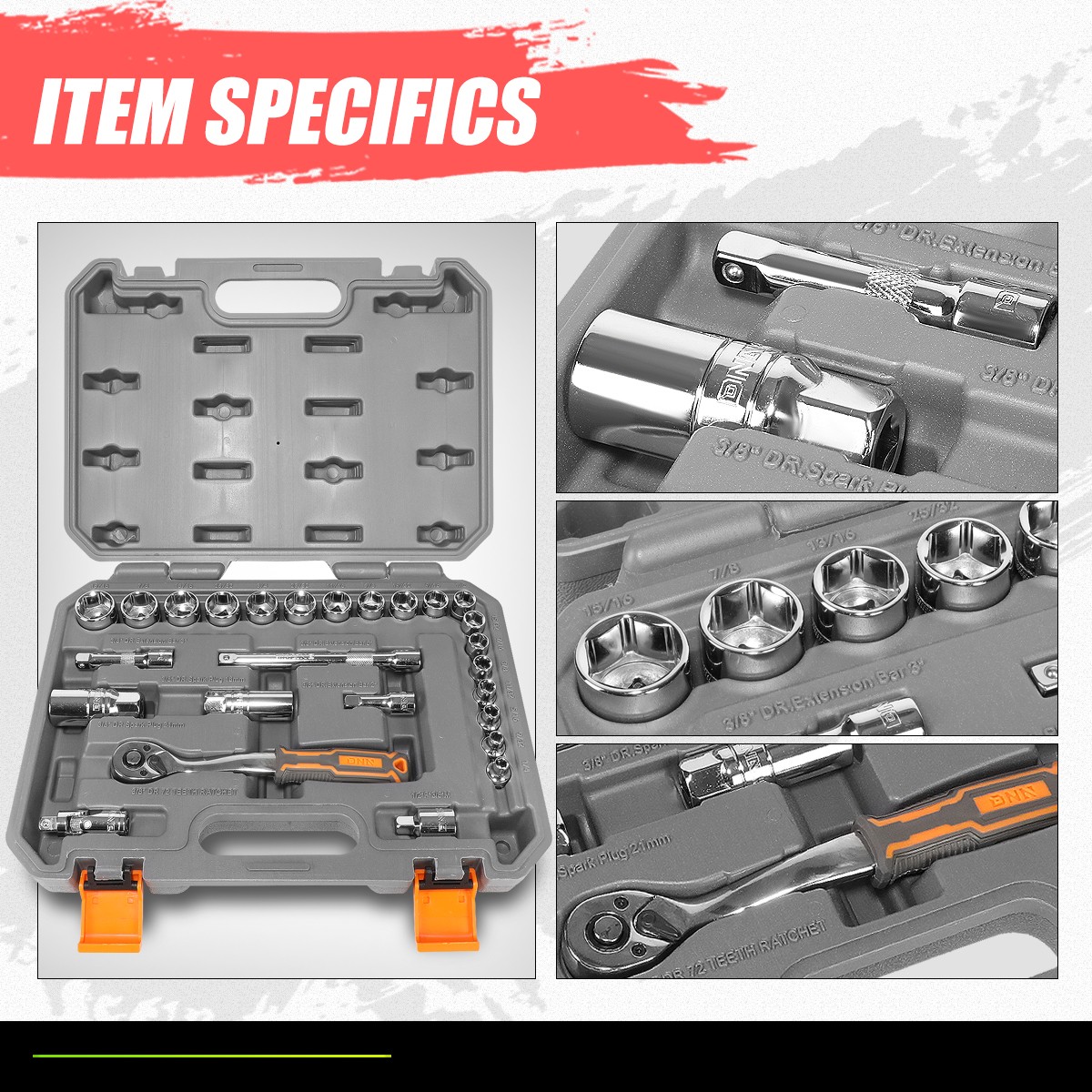 DNA Motoring 26Pcs 3/8″ Spark Plug Ratchet Drvie Socket Tool Set w/ Storage Case