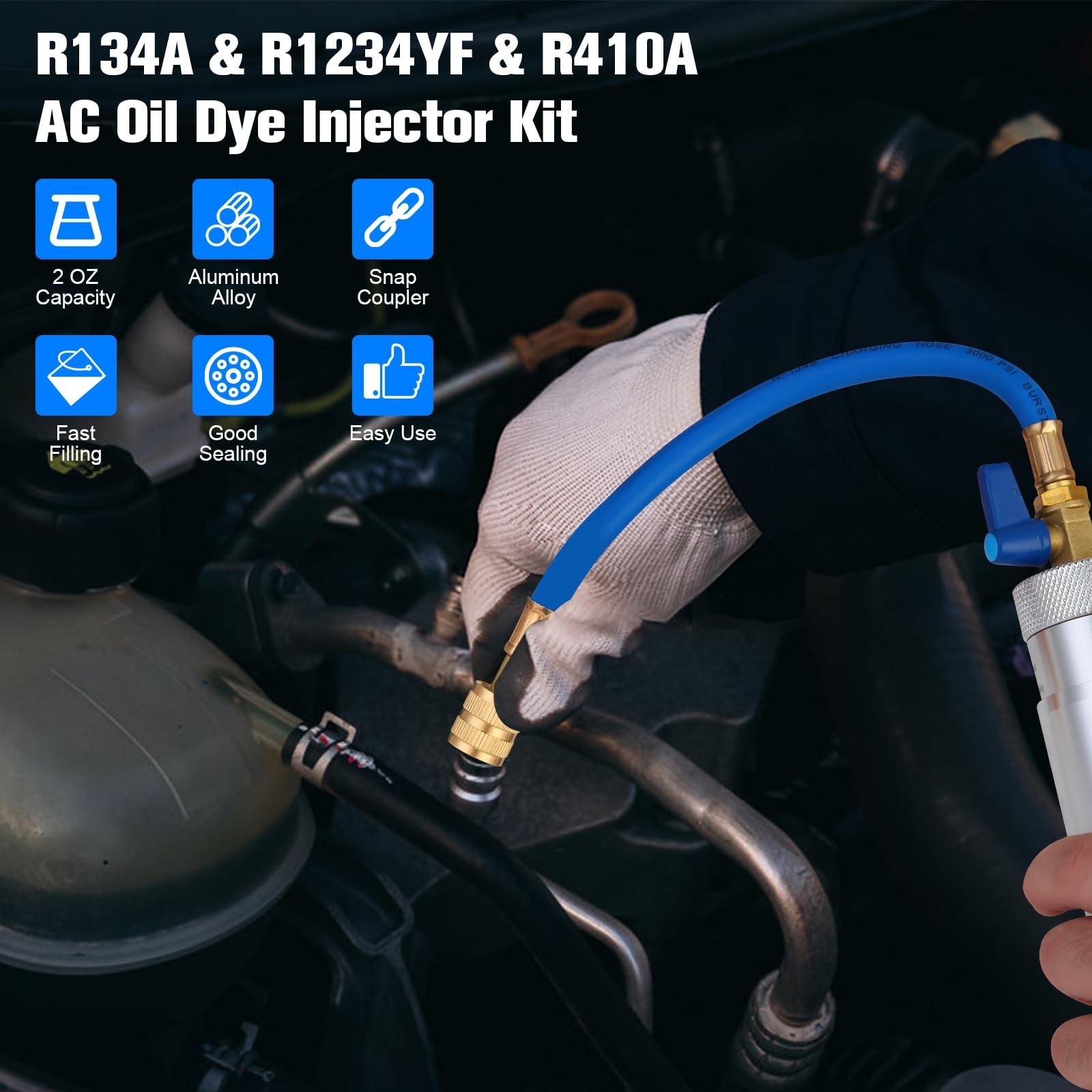AC Oil Dye Injector Kit, R134A & R1234YF & R410A A/C Oil Injector Backflow Pr