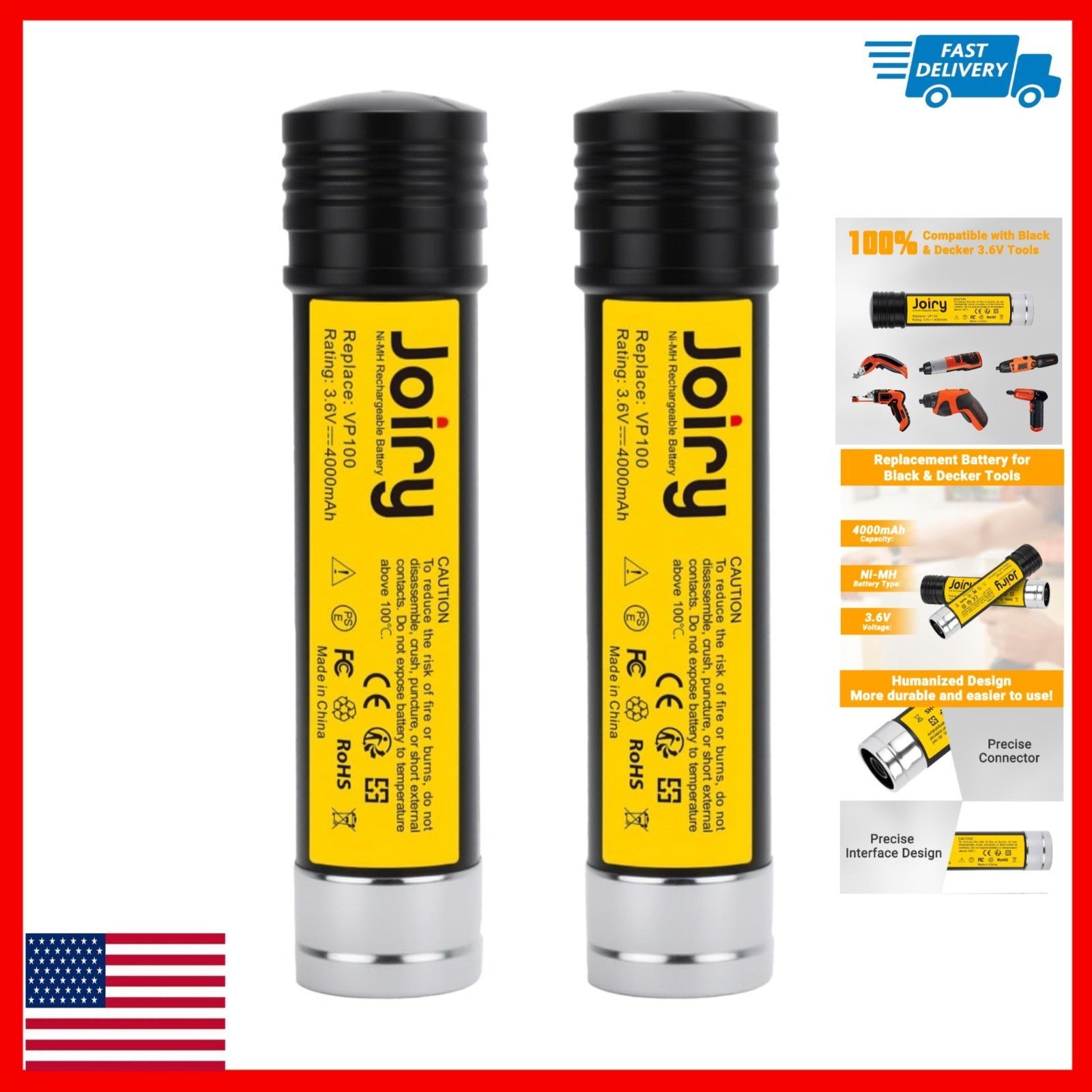 Joiry 3.6V 4000mAh Ni-MH Replacement Battery for Black & Decker 2-Pack