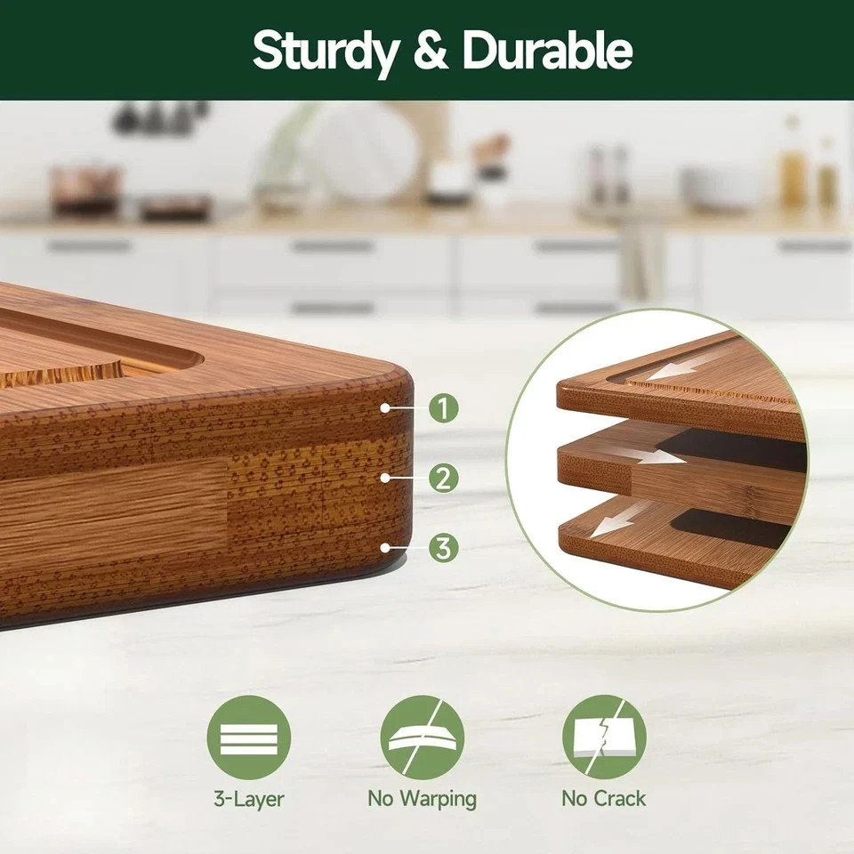 Cutting Board Bamboo for Kitchen Crack Resistant Wood Chopping Boards Set 3Piece