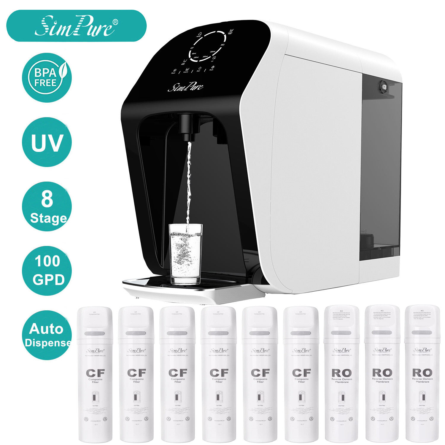8-Stage SimPure WP1 UV Countertop Reverse Osmosis Water Filter System Dispenser