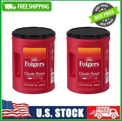 2 PACK Folgers Classic Roast Medium Roast Ground Coffee, 40.3 oz Canister