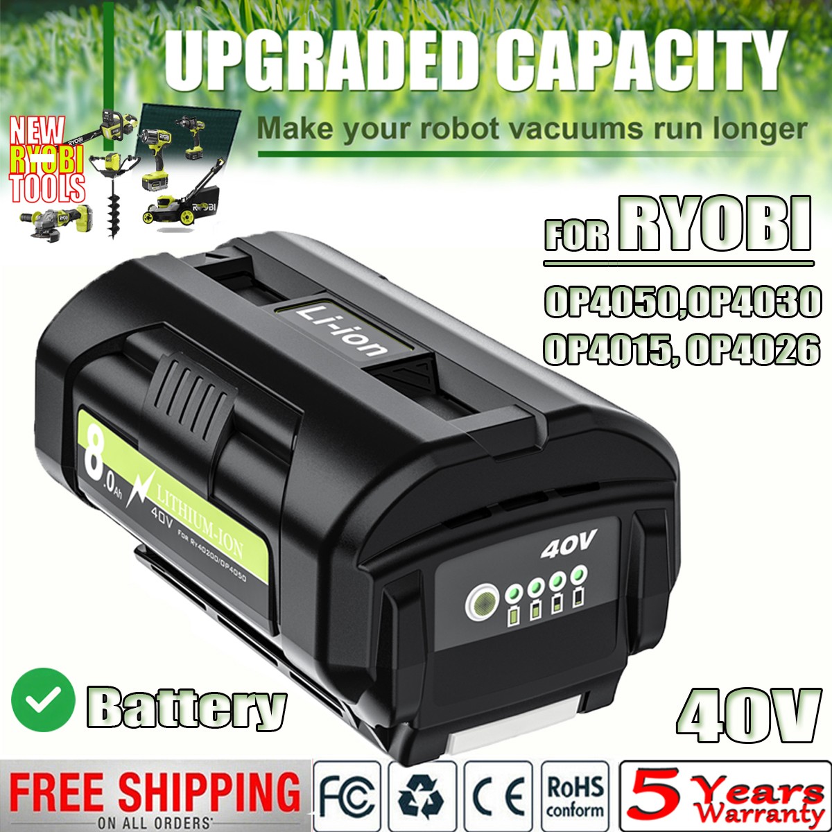 OP4050 For Ryobi 40V Lithium 8000mAh OP40602 OP40261 OP4060 OP4030 8.0Ah Battery