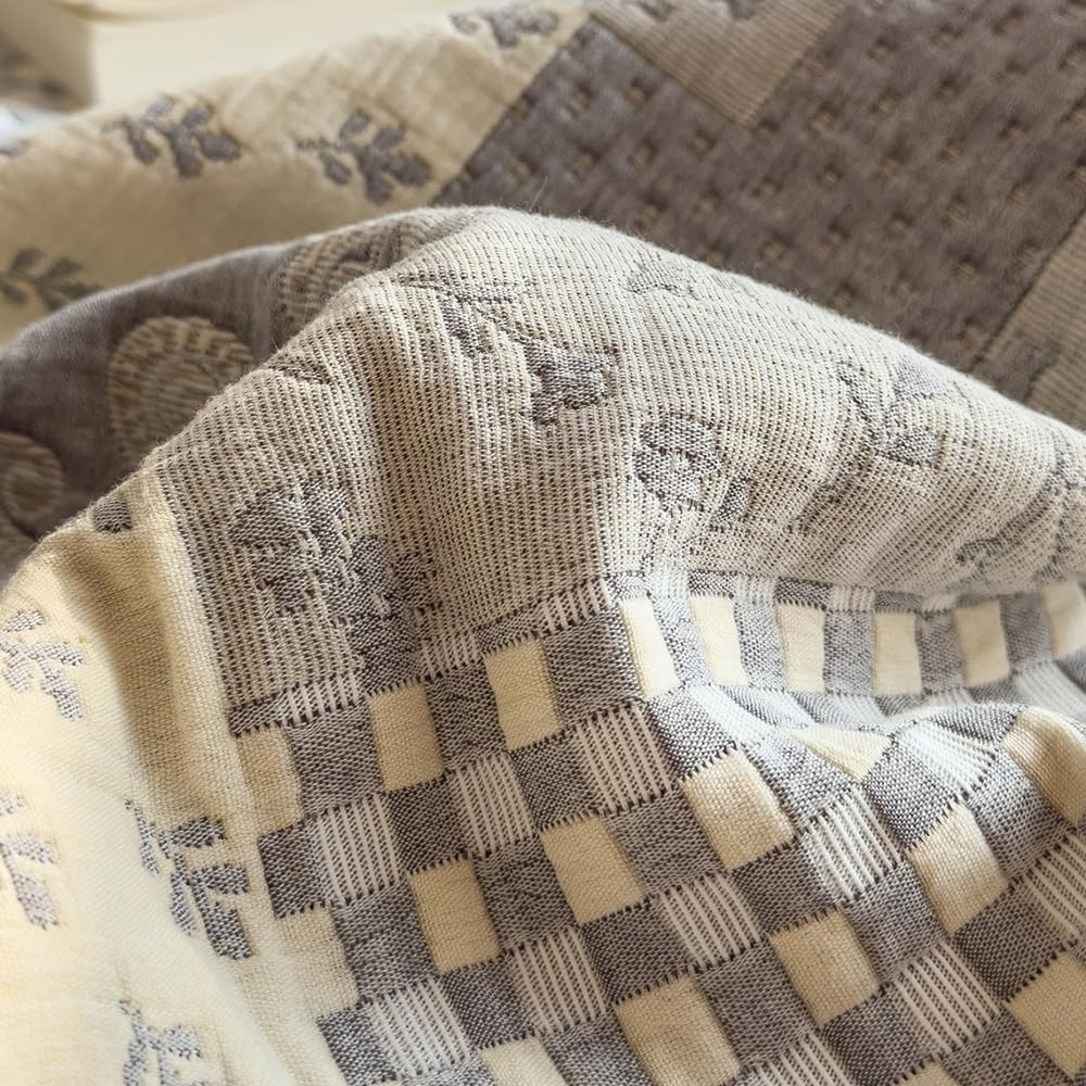 Reversible Cotton Muslin Blanket – Lightweight Grey Patchwork 80×90 In