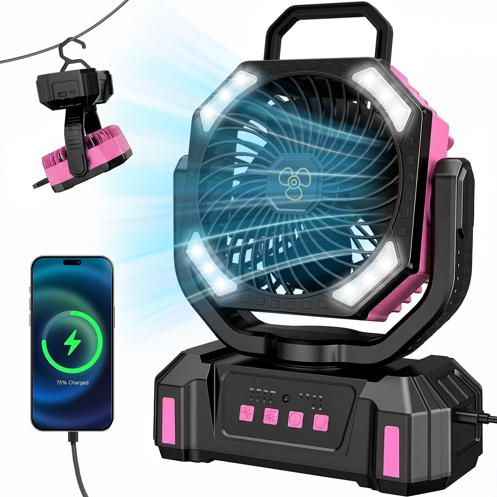 🎁20000mAh Portable Camping Fan Battery Powered Tent Light Fan W/ LED Light Fans