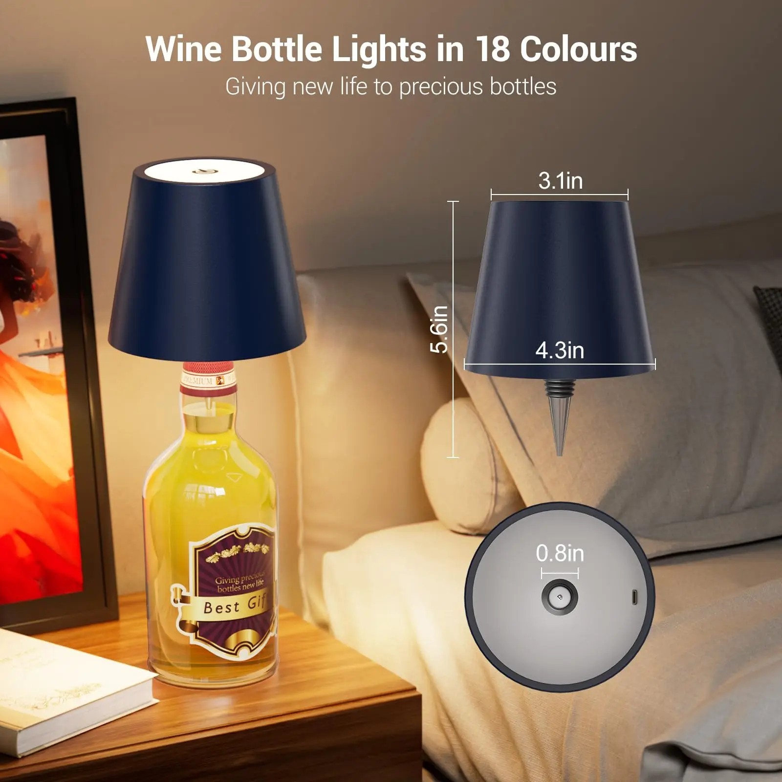 Wine Bottle LED Lamp Rechargeable 3 Colors Touch Dimmable Table Light Black