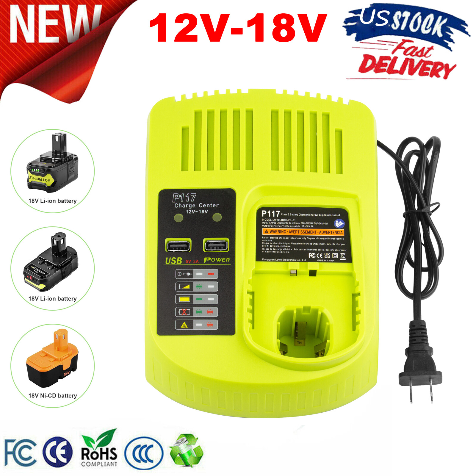 P117 Charger For RYOBI P108 18V For One+ Plus 18-Volt Lithium-Ion Battery P109