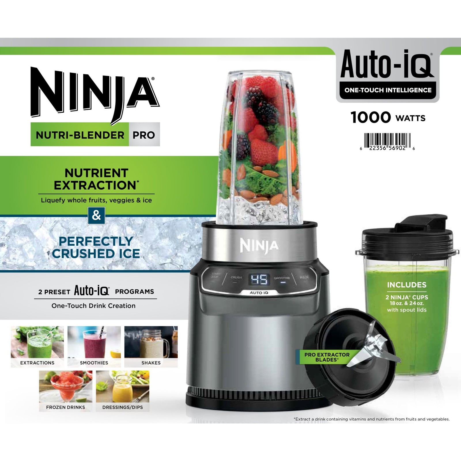 Ninja Nutri Pro Compact Personal Blender, 18Oz and 24-Oz To-Go Cups & Spout Lids