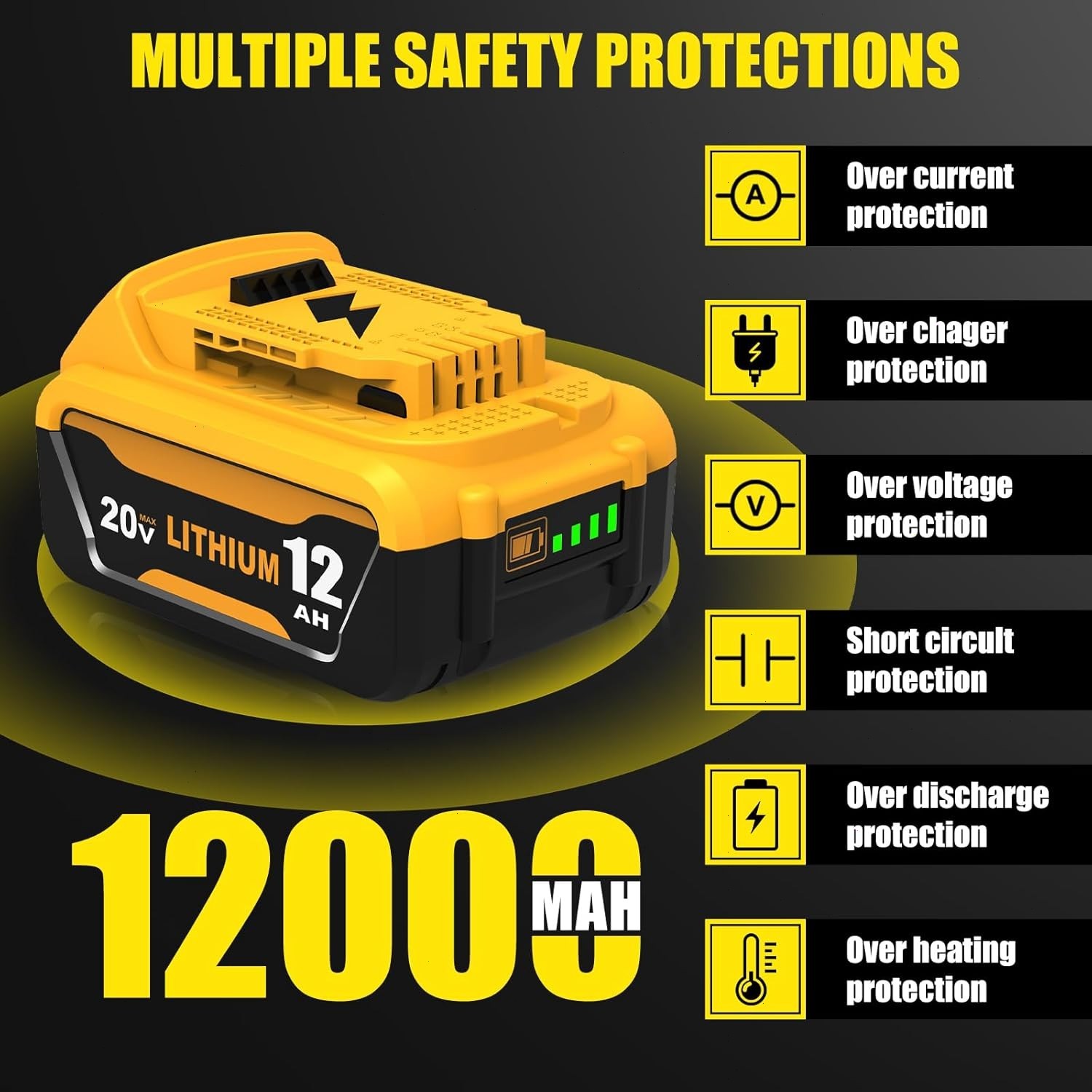 2Pack 12.0AH For DeWalt 20V 20 Volt Max XR Lithium Ion Battery DCB206-2 DCB205-2