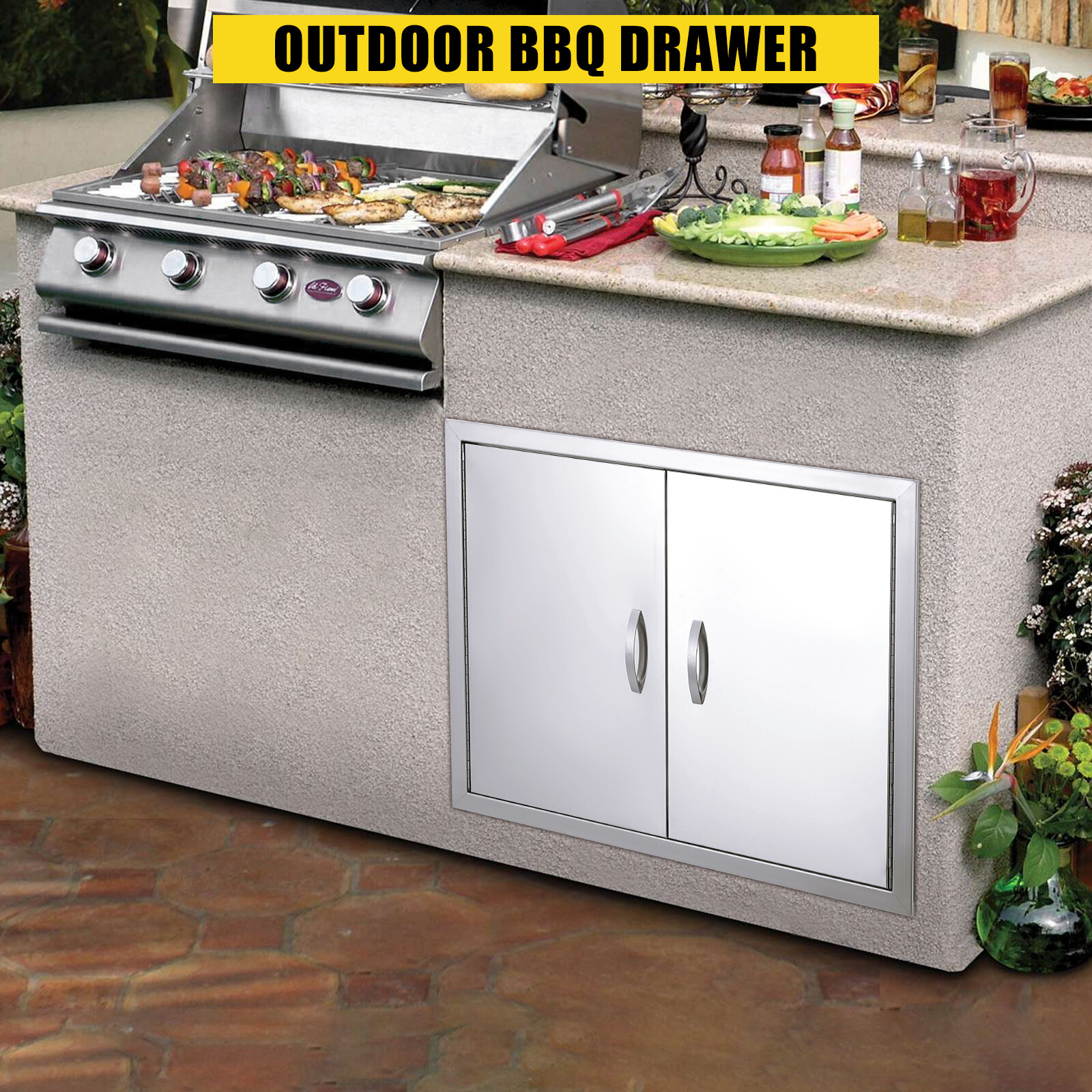 BBQ Access Door, Outdoor Grill Door Double Door Brushed Stainless Steel for BBQ