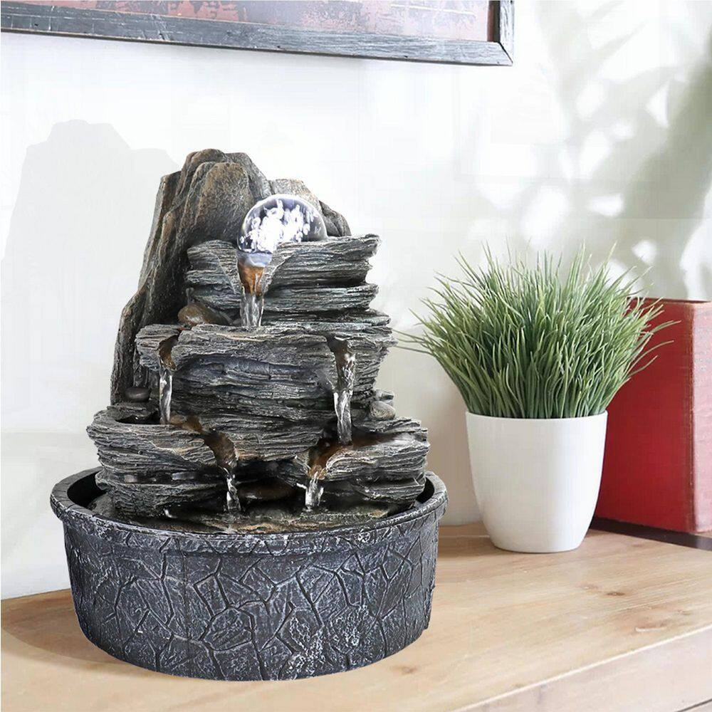 9.8 In. Resin Rockery Indoor Tabletop Tiered Fountain with LED Lights and Crysta
