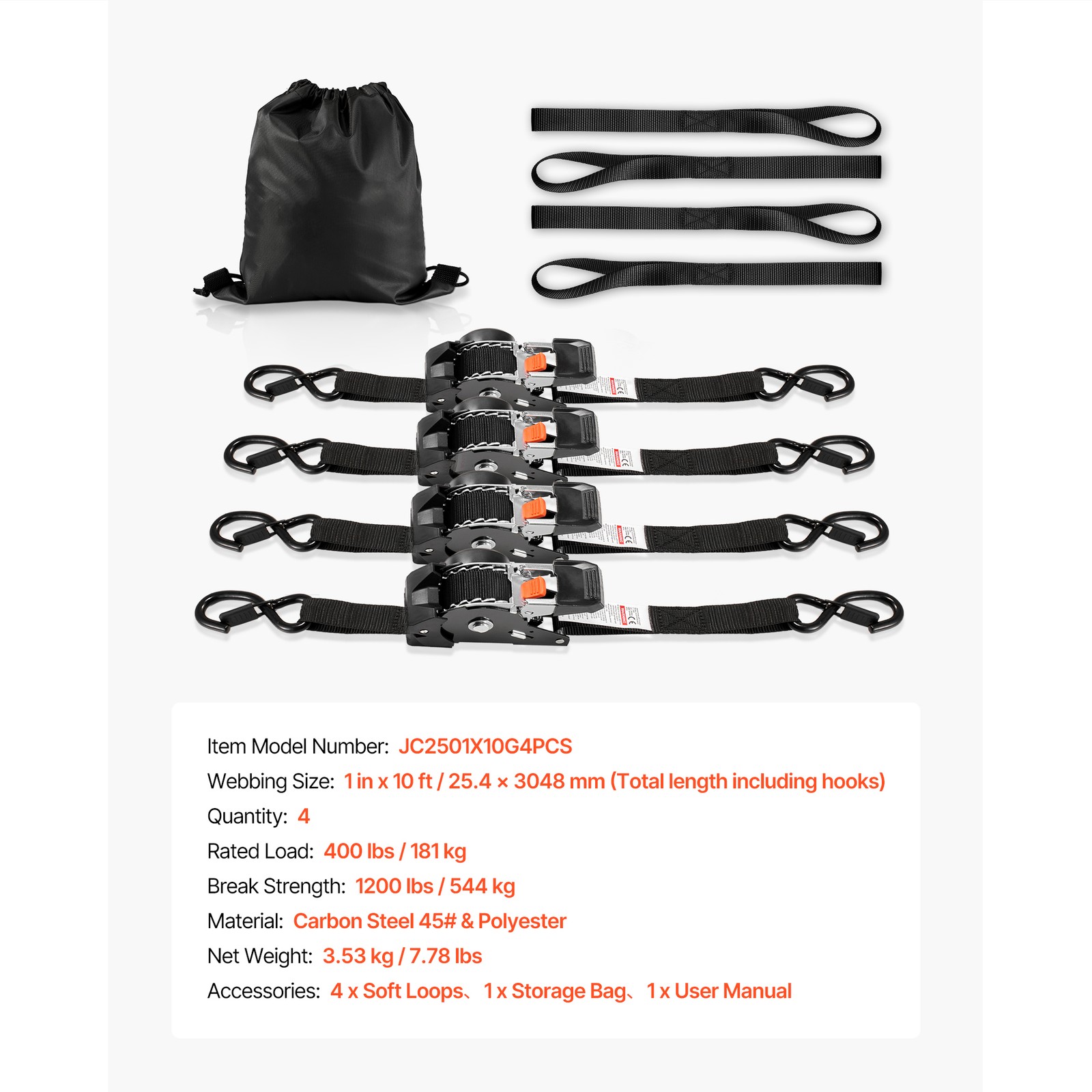Uimoso 4 Pack 1″x 10′ Retractable Ratchet Tie Down Straps 1200 lbs Capacity