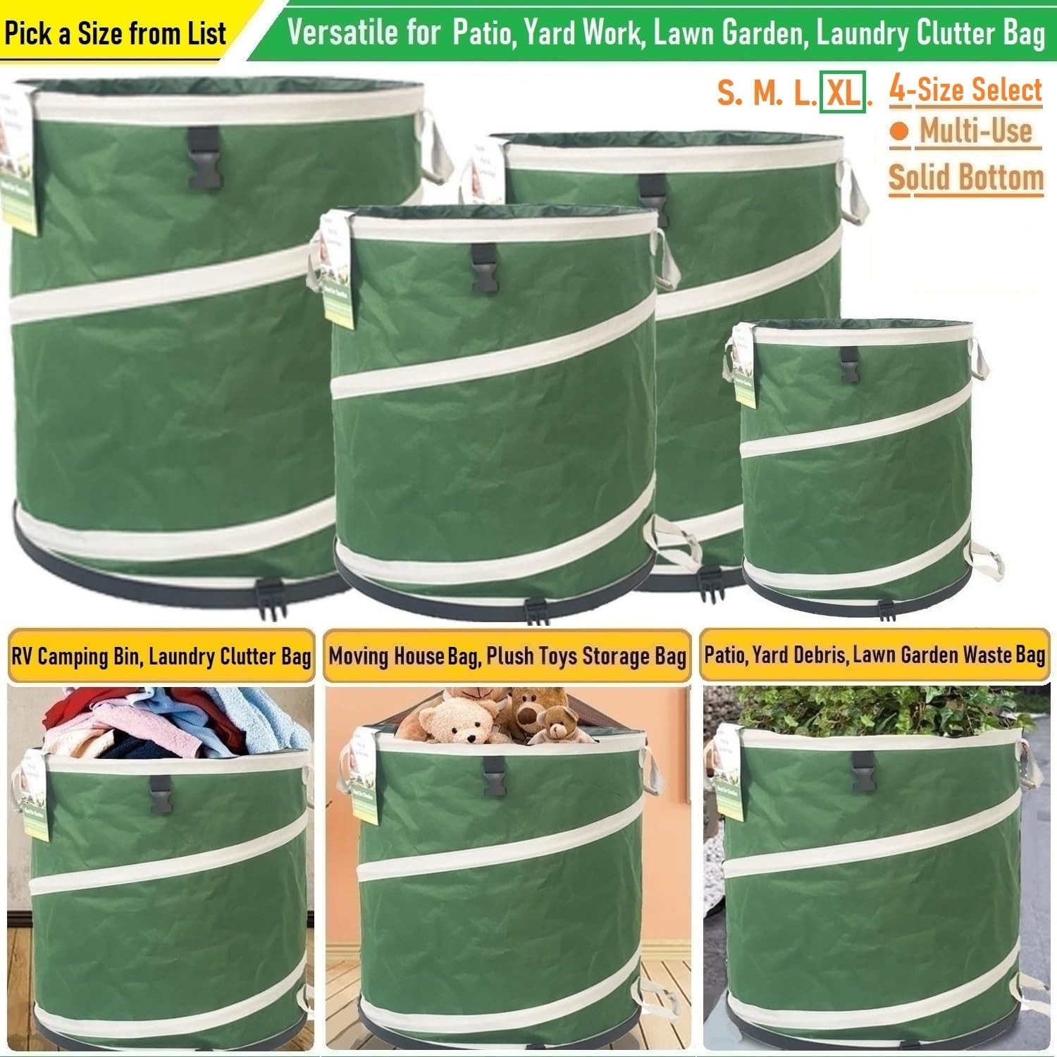 46-Gallon Collapsible Trash Can (22×28 in) Hard-Shell Bottom Yard Garden Bag,…