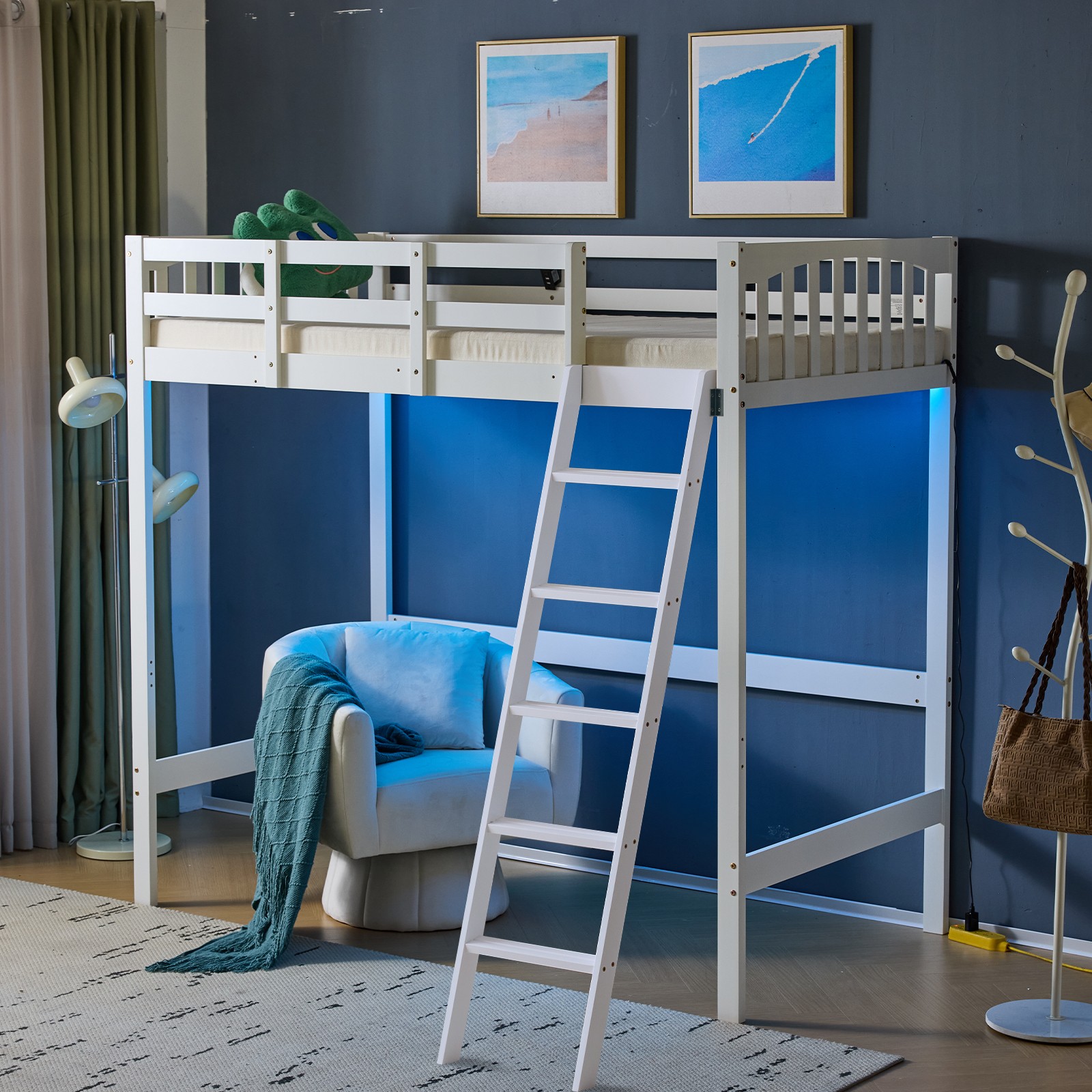 Wood Loft Bed Twin Size with RGB LED 2 Charging Station for Adults Kids Teens