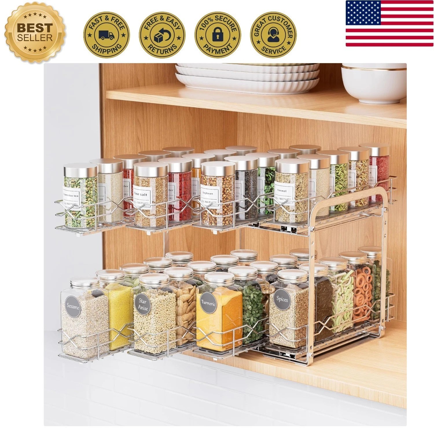 Heavy Duty Chrome Spice Rack Organizer – 2 Tier Pull Out Cabinet Storage, 11″W