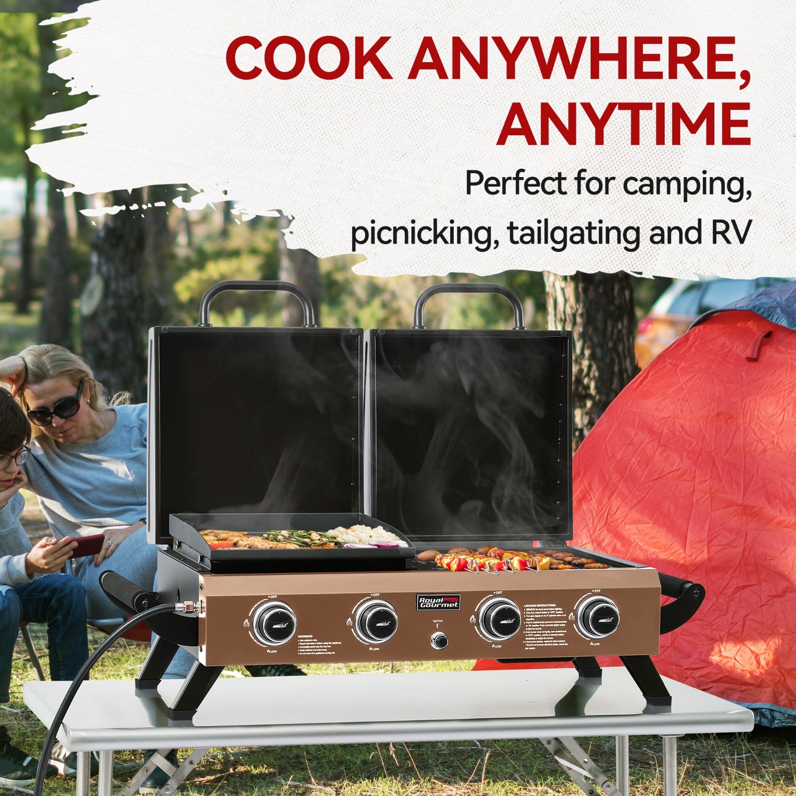 Royal Gourmet 4-Burner Portable Tabletop Grill & Griddle Combo with Hood