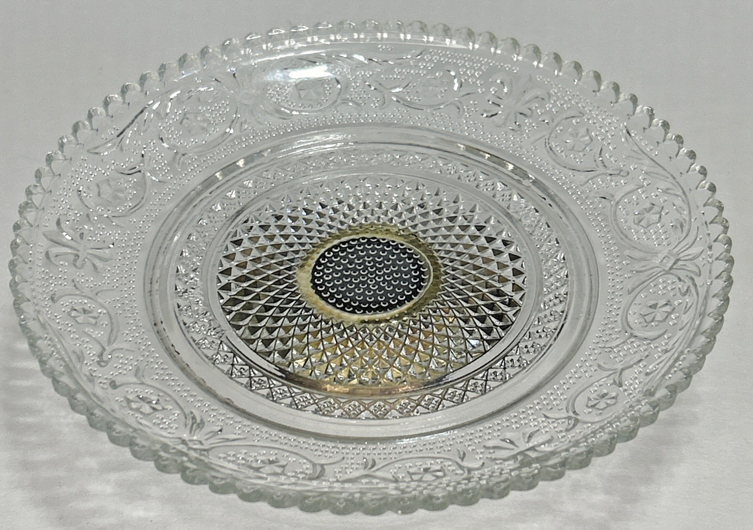 Vintage 5.5” Glass Clear Cut Plate Display Pedestal Stand Malaysia Fleur-de-lis