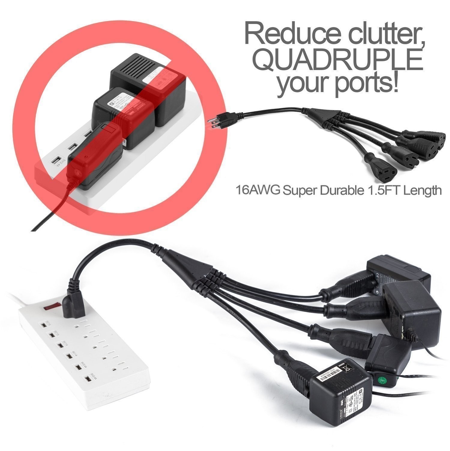 4 Way Power Cord Splitter Cable-3 Prong 1 to 4 Extension Cord-Outlet Saver- Male